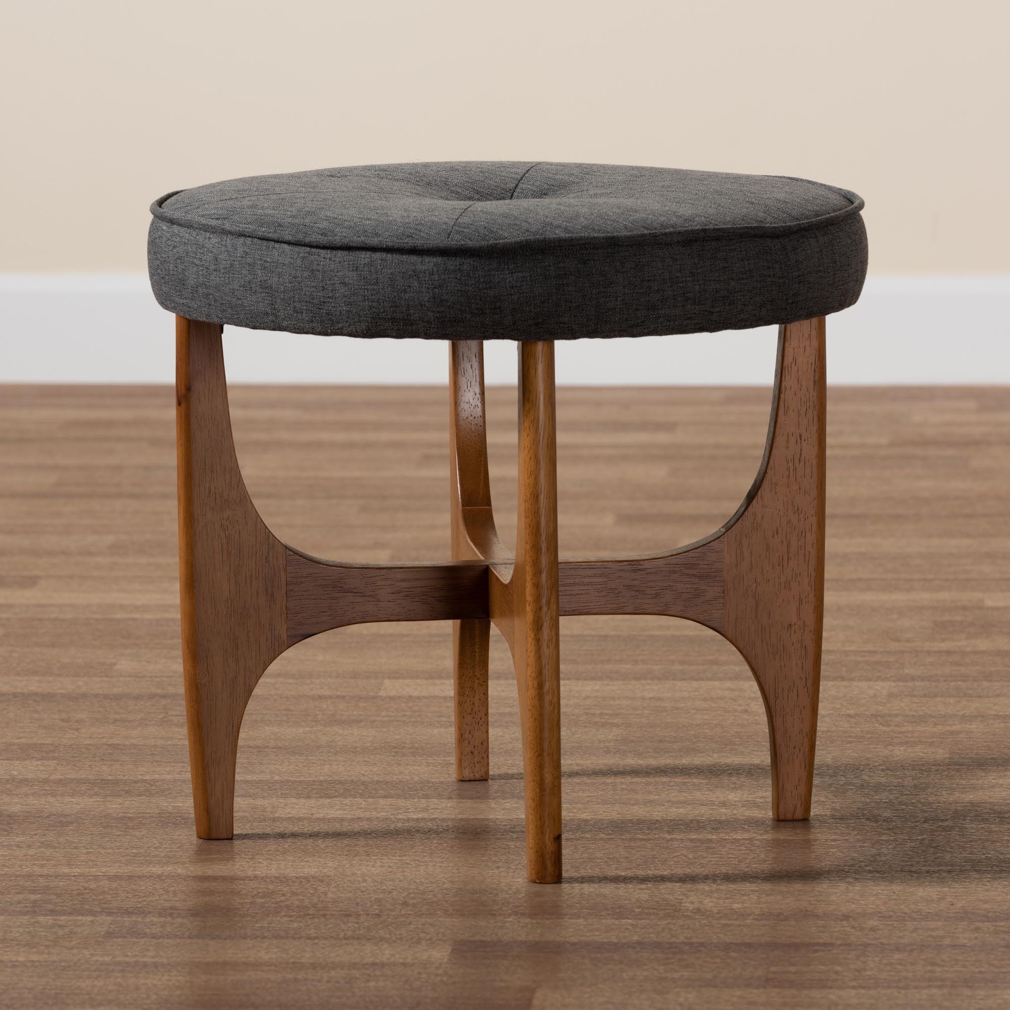Theo Japandi Dark Fabric and Finished Wood Ottoman Footstool