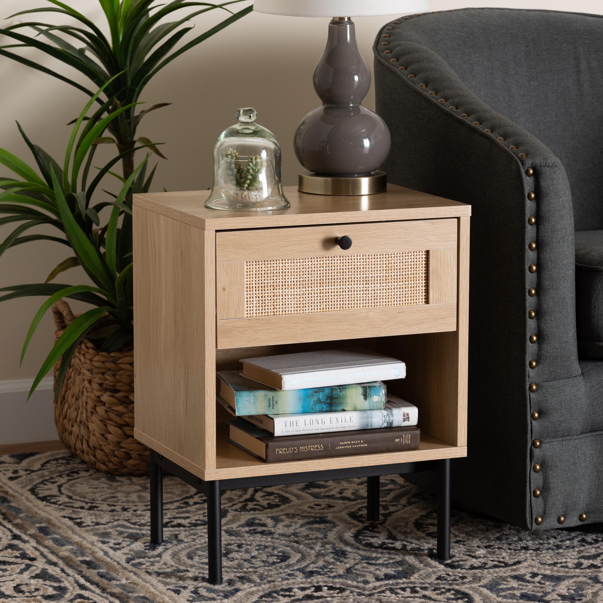 Sherwin Mid-Century Modern Light and 1-Drawer End Table with Woven Rattan