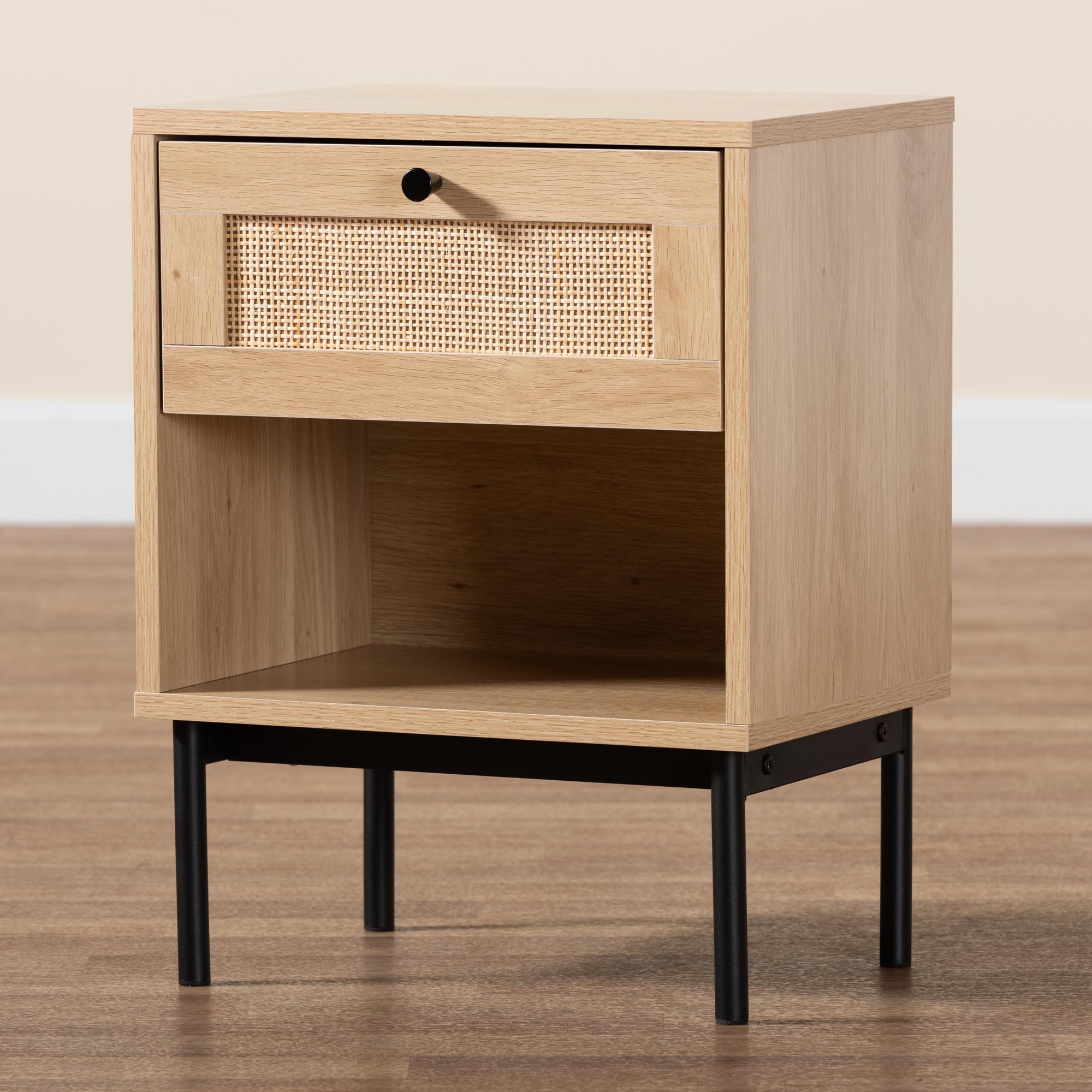 Sherwin Mid-Century Modern Light and 1-Drawer End Table with Woven Rattan