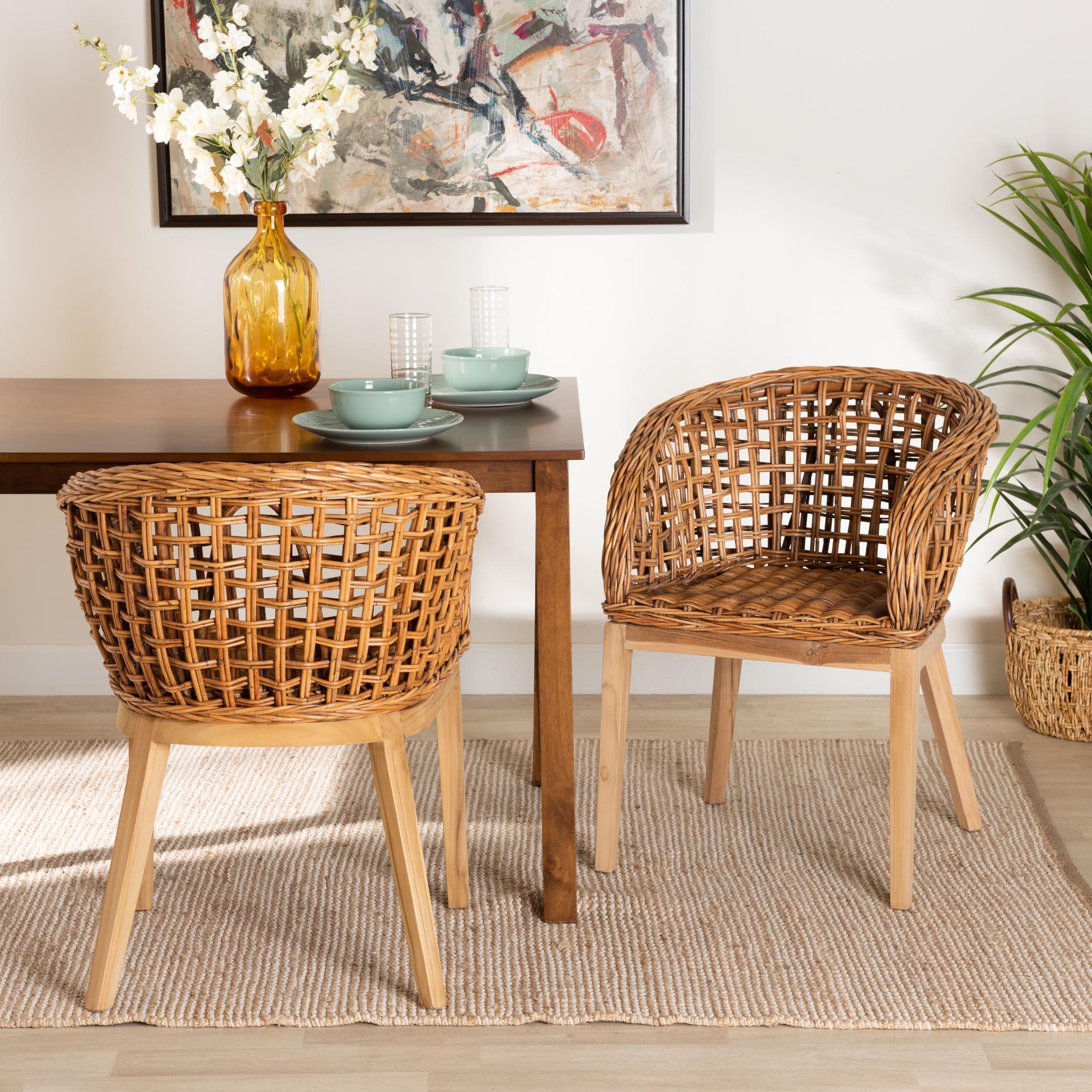 bali & pari Mario Modern Bohemian Finished Teak Wood and Rattan 2-Piece Dining Chair Set