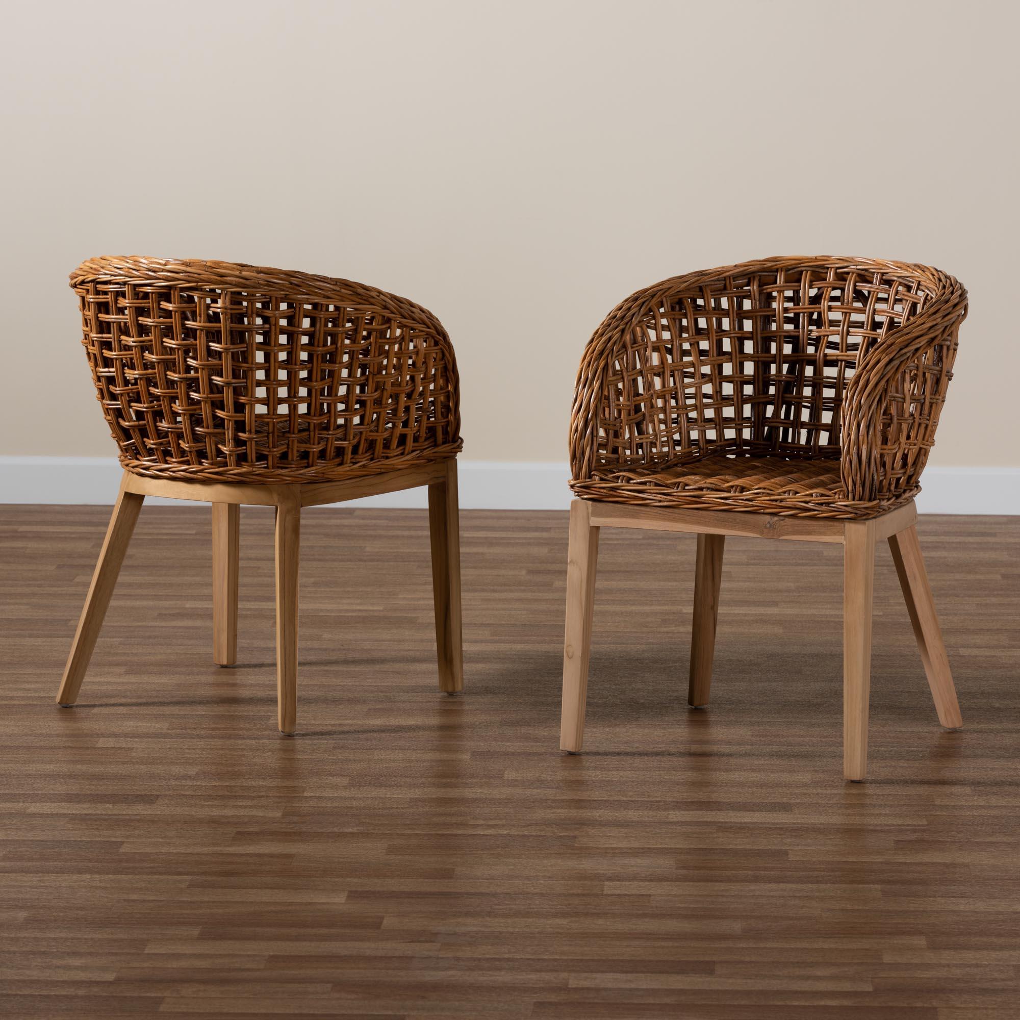bali & pari Mario Modern Bohemian Finished Teak Wood and Rattan 2-Piece Dining Chair Set