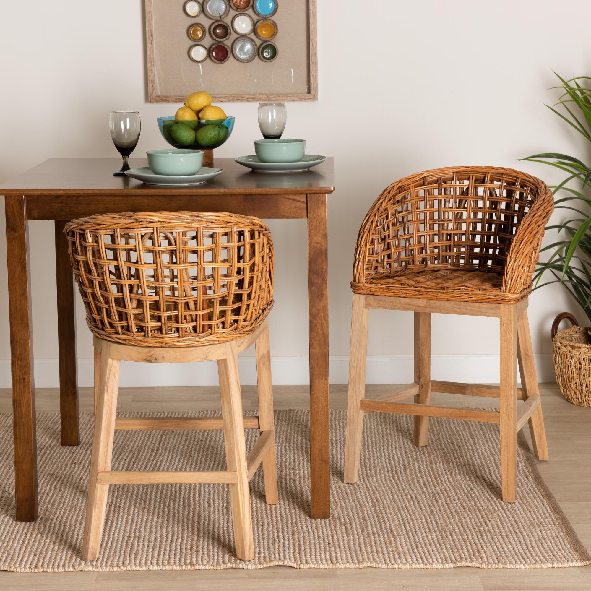 bali & pari Mario Modern Bohemian Finished Teak Wood and Rattan 2-Piece Counter Stool Set