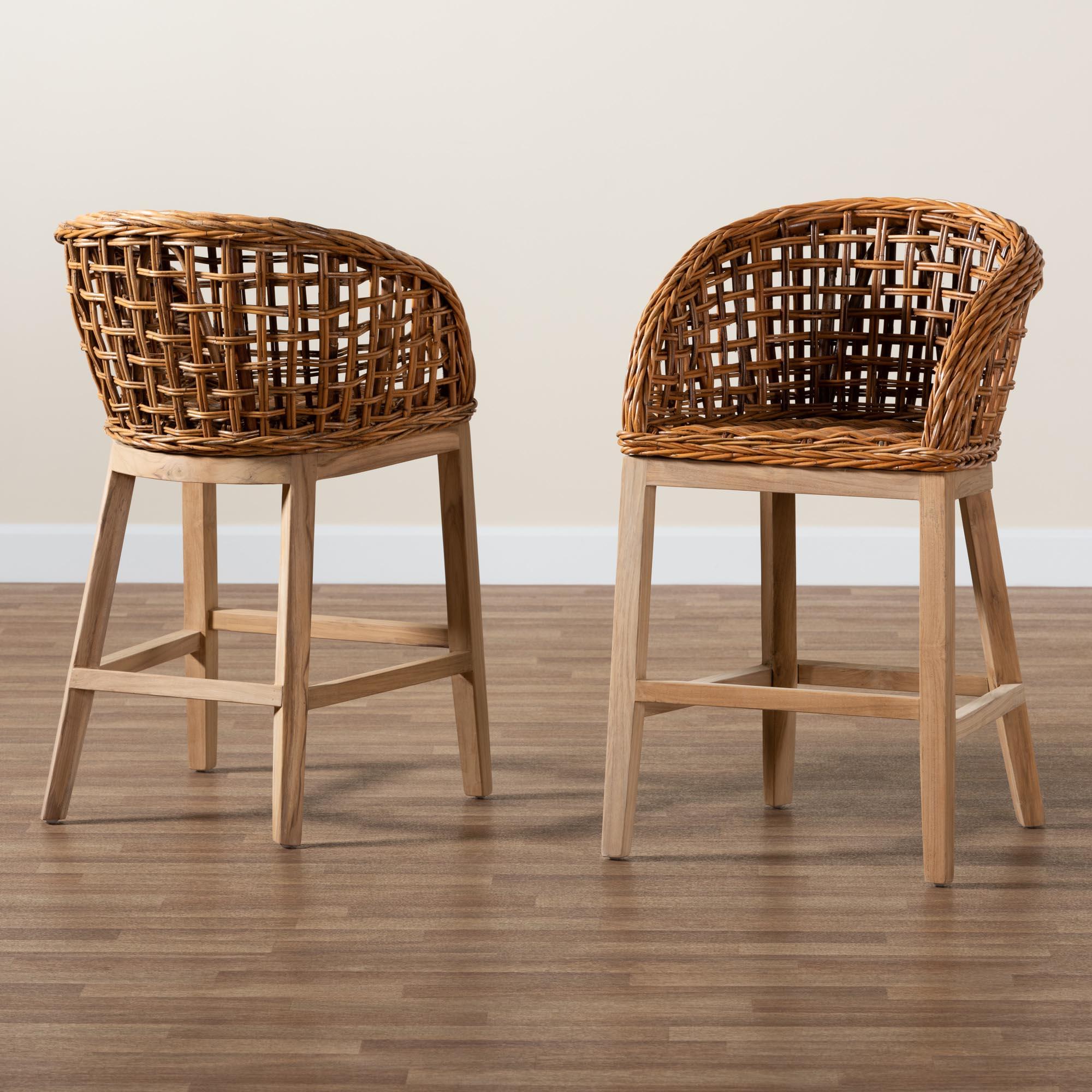 bali & pari Mario Modern Bohemian Finished Teak Wood and Rattan 2-Piece Counter Stool Set