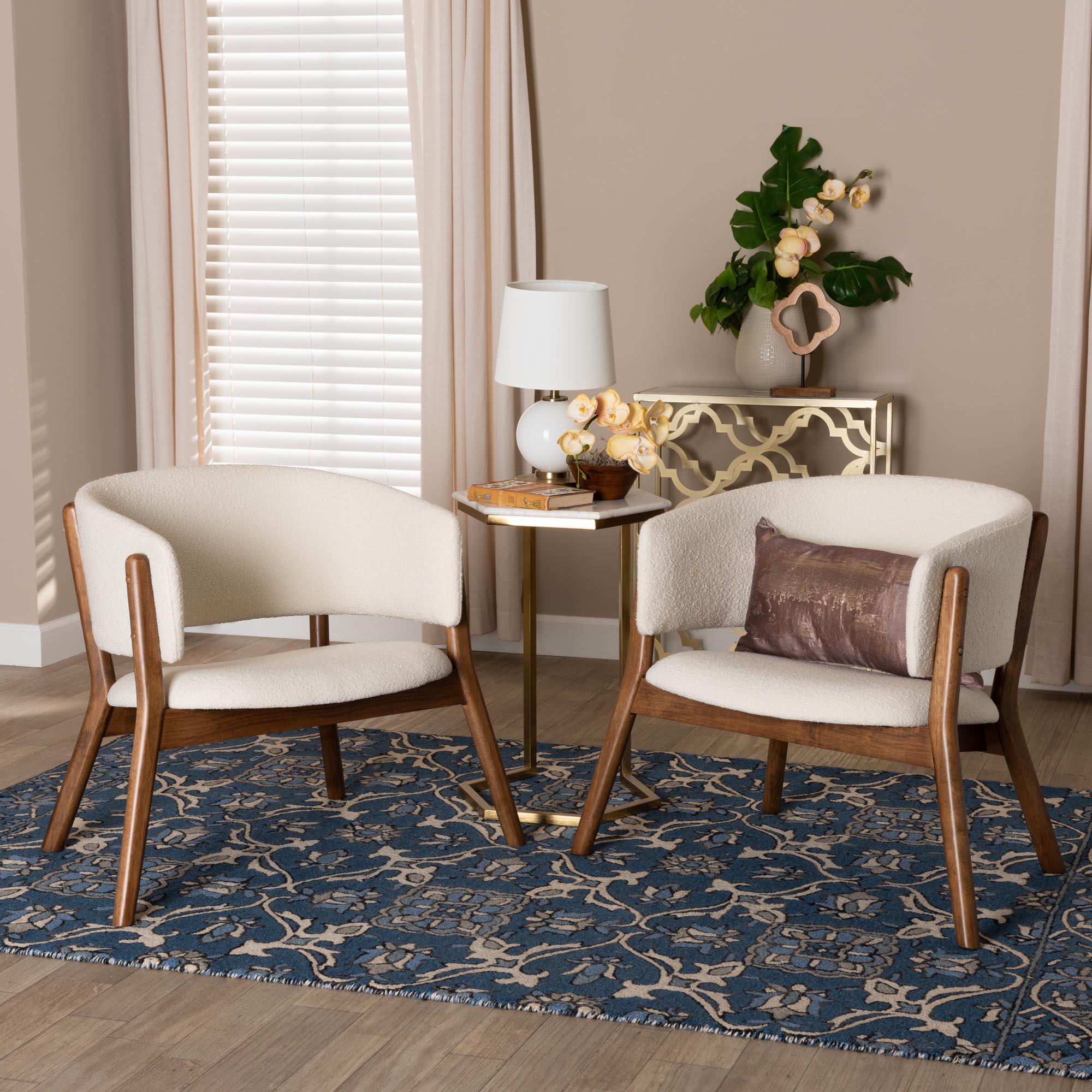 Baron Mid-Century Modern Cream Boucle Fabric Upholstered and Finished Wood 2-Piece Living Room Accent Chair Set