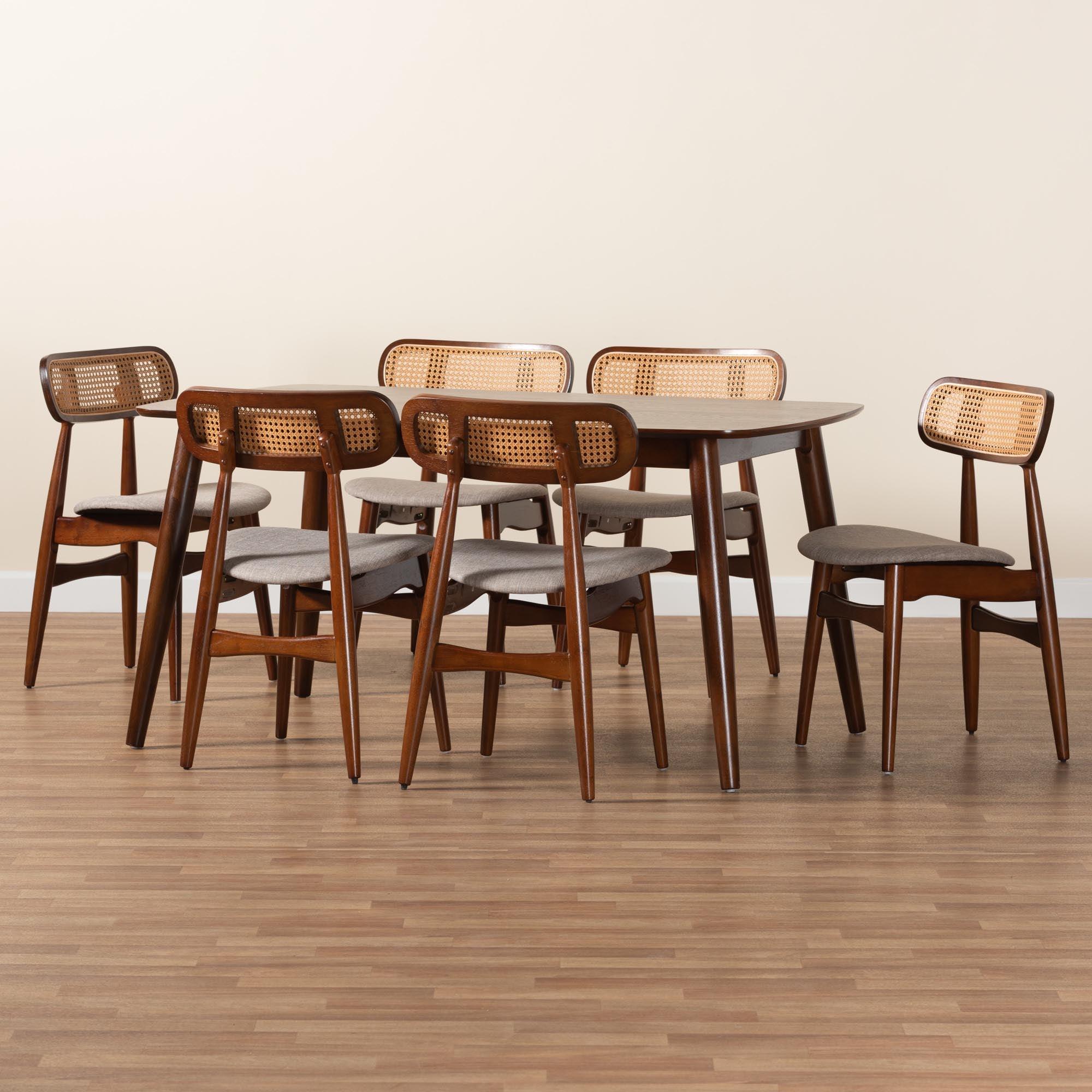 Tarana Mid-Century Modern Fabric and Finished Wood 7-Piece Dining Set