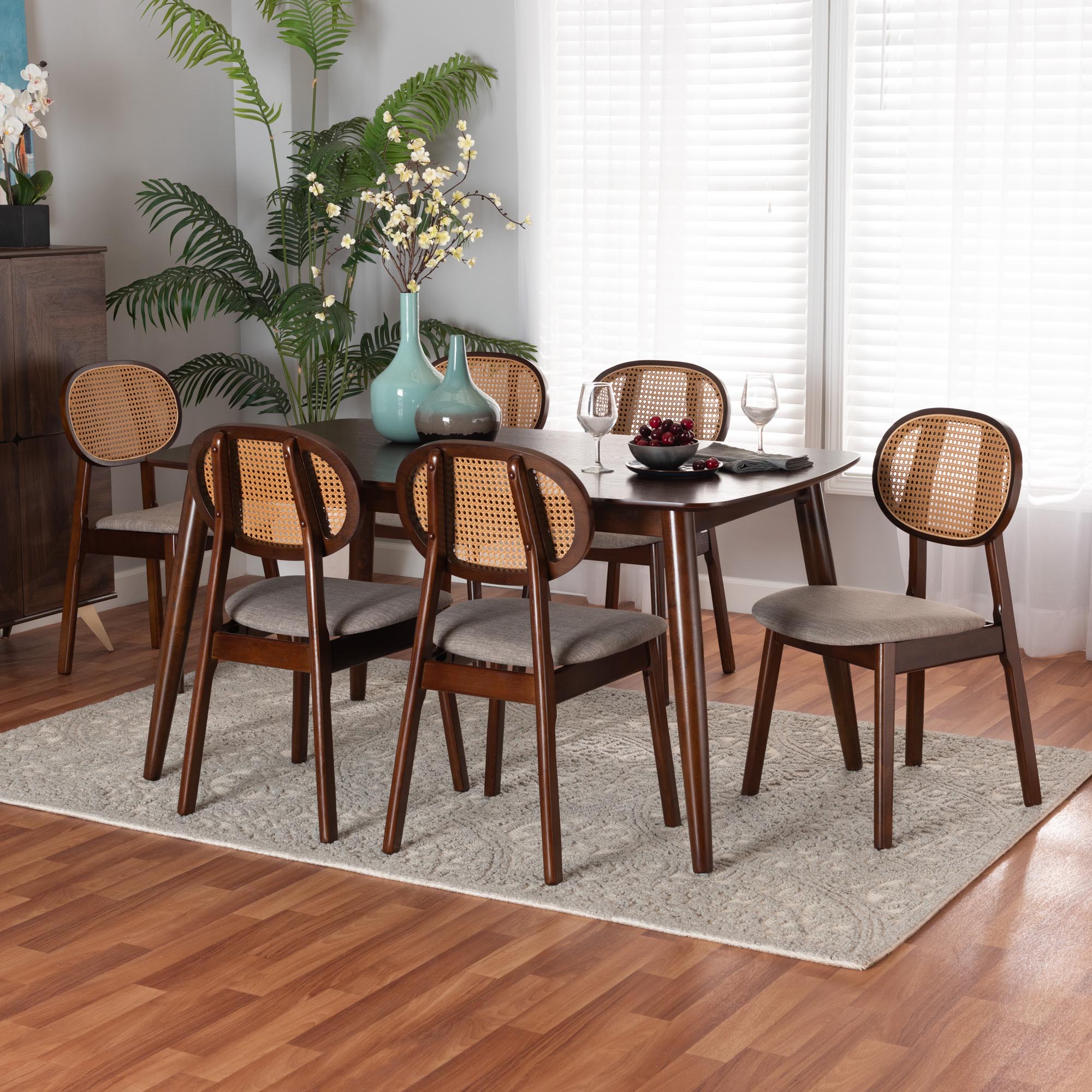 Darrion Mid-Century Modern Fabric and Finished Wood 7-Piece Dining Set