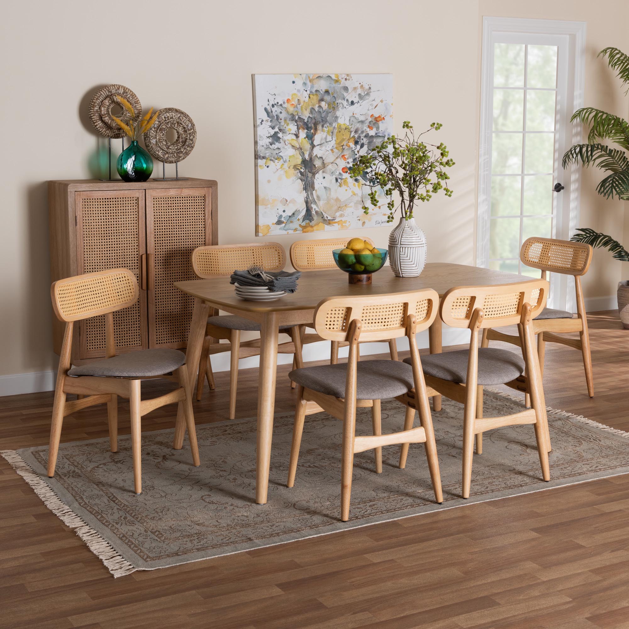 Tarana Mid-Century Modern Fabric and Finished Wood 7-Piece Dining Set