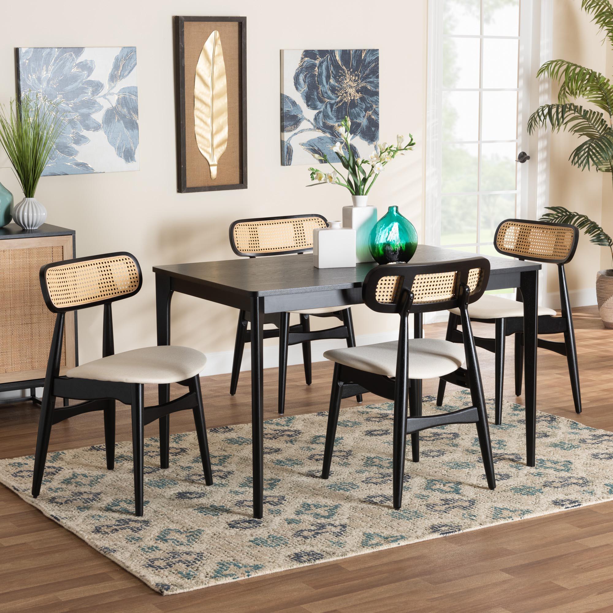 Tarana Mid-Century Modern Cream Fabric and Finished Wood 5-Piece Dining Set