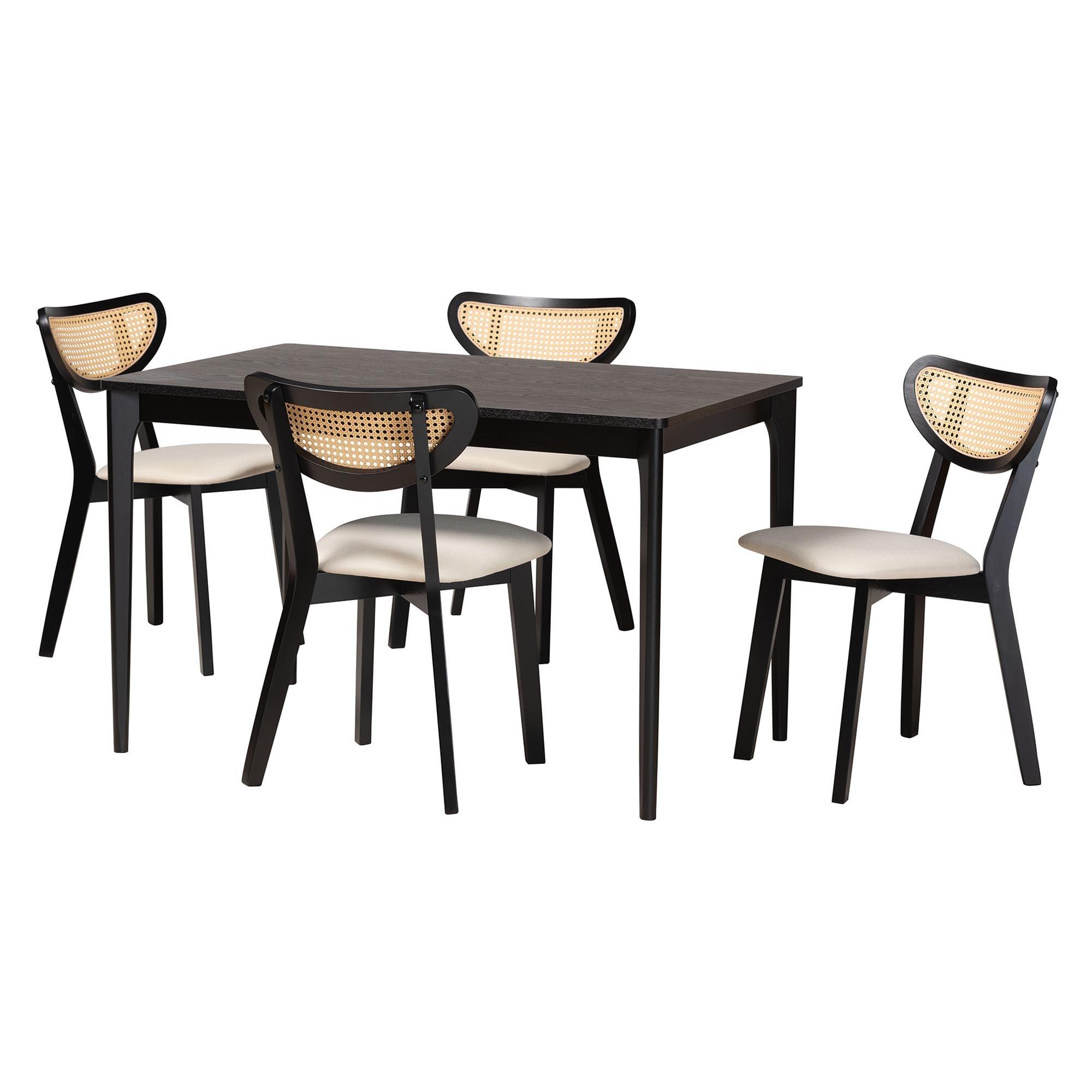 Dannell Mid-Century Modern Cream Fabric and Finished Wood 5-Piece Dining Set
