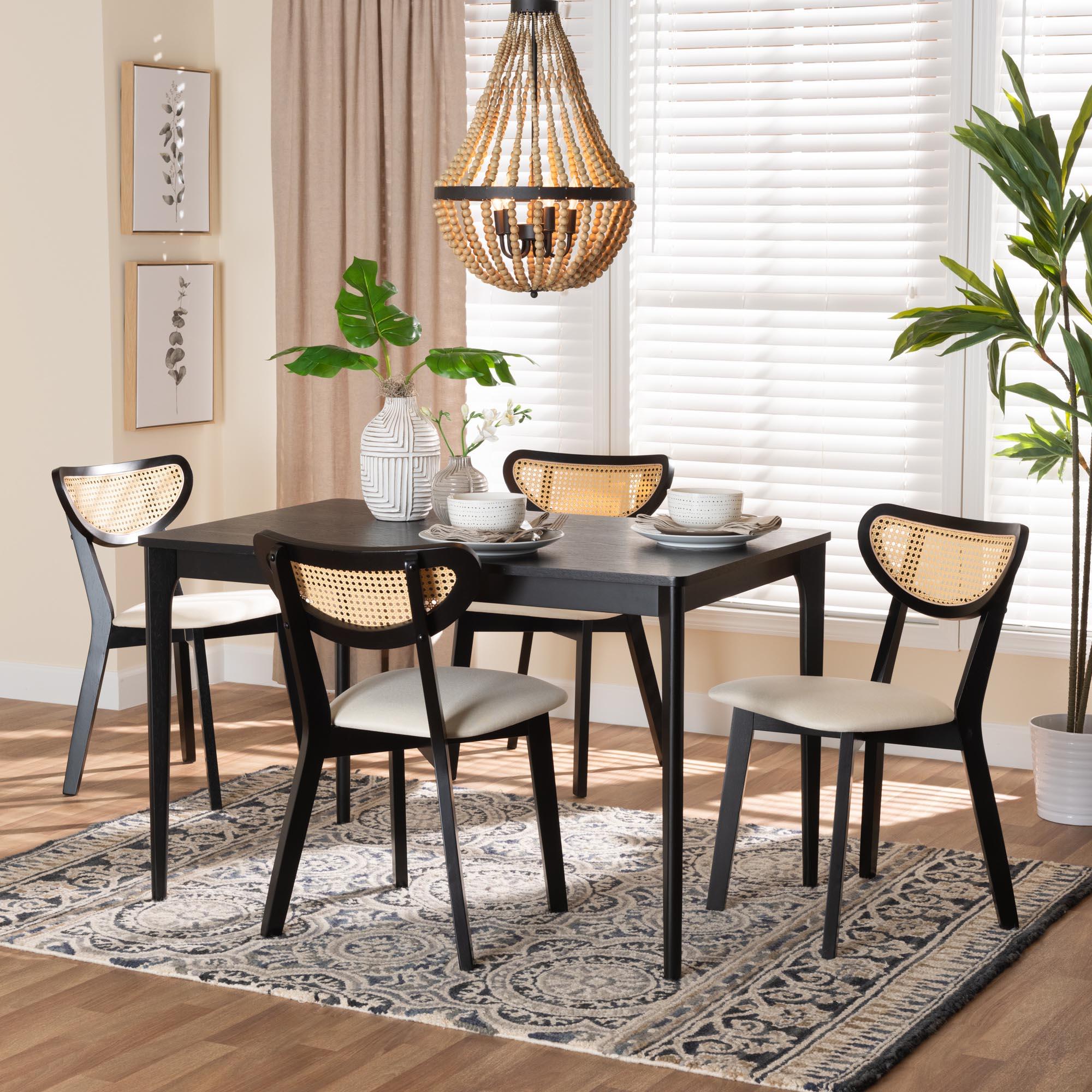 Dannell Mid-Century Modern Cream Fabric and Finished Wood 5-Piece Dining Set