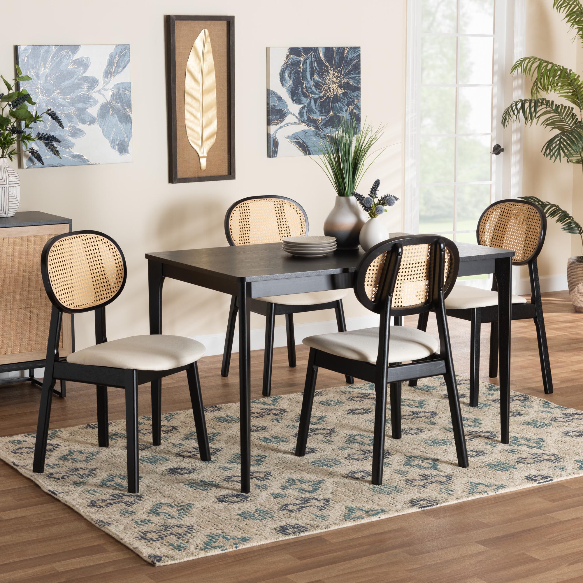 Darrion Mid-Century Modern Cream Fabric and Finished Wood 5-Piece Dining Set
