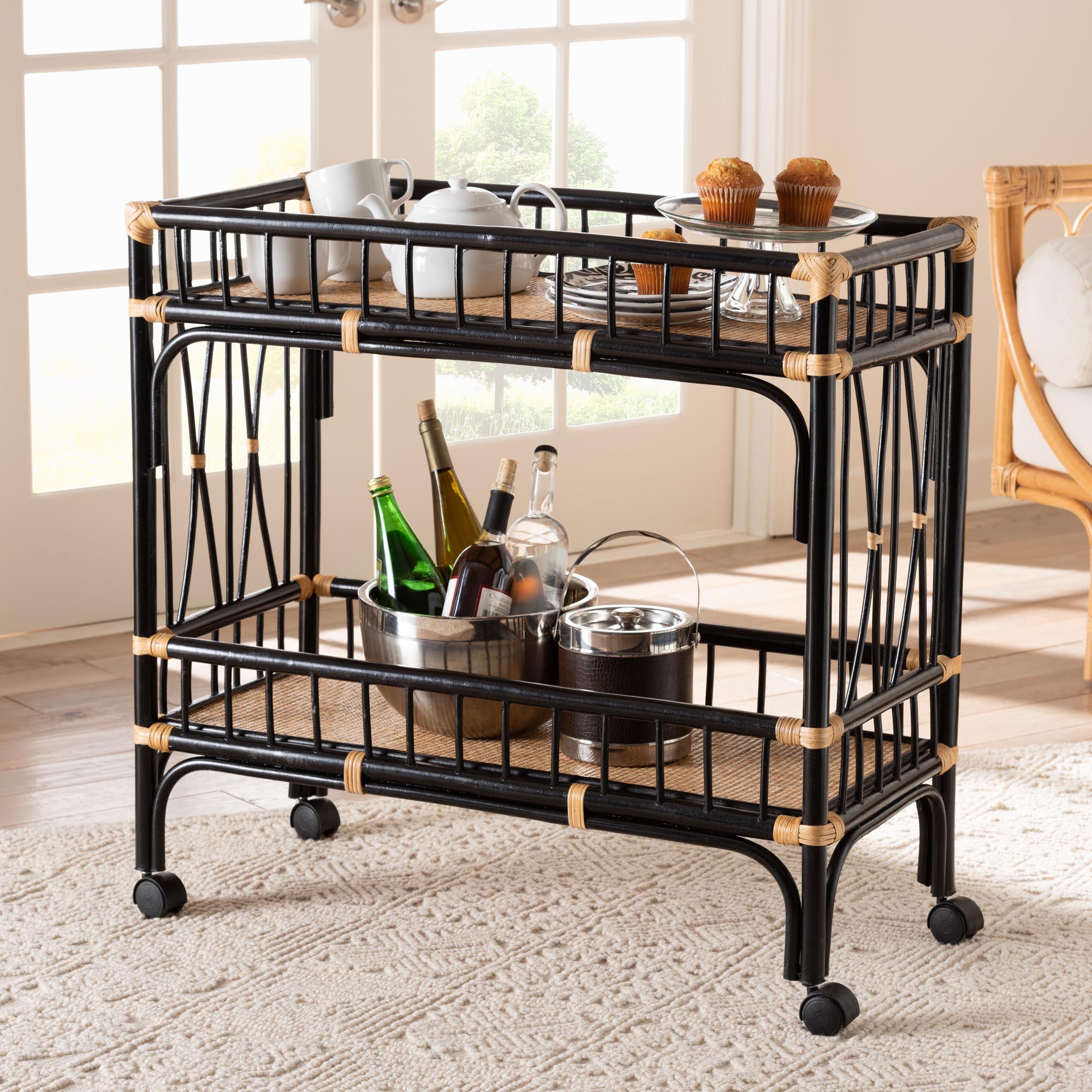 bali & pari Dalinda Modern Bohemian Two-Tone and Rattan 2-Tier Kitchen Cart