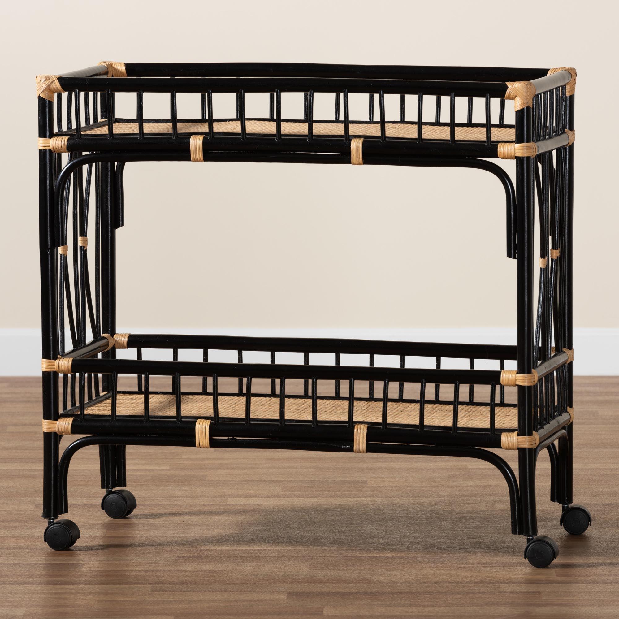 bali & pari Dalinda Modern Bohemian Two-Tone and Rattan 2-Tier Kitchen Cart