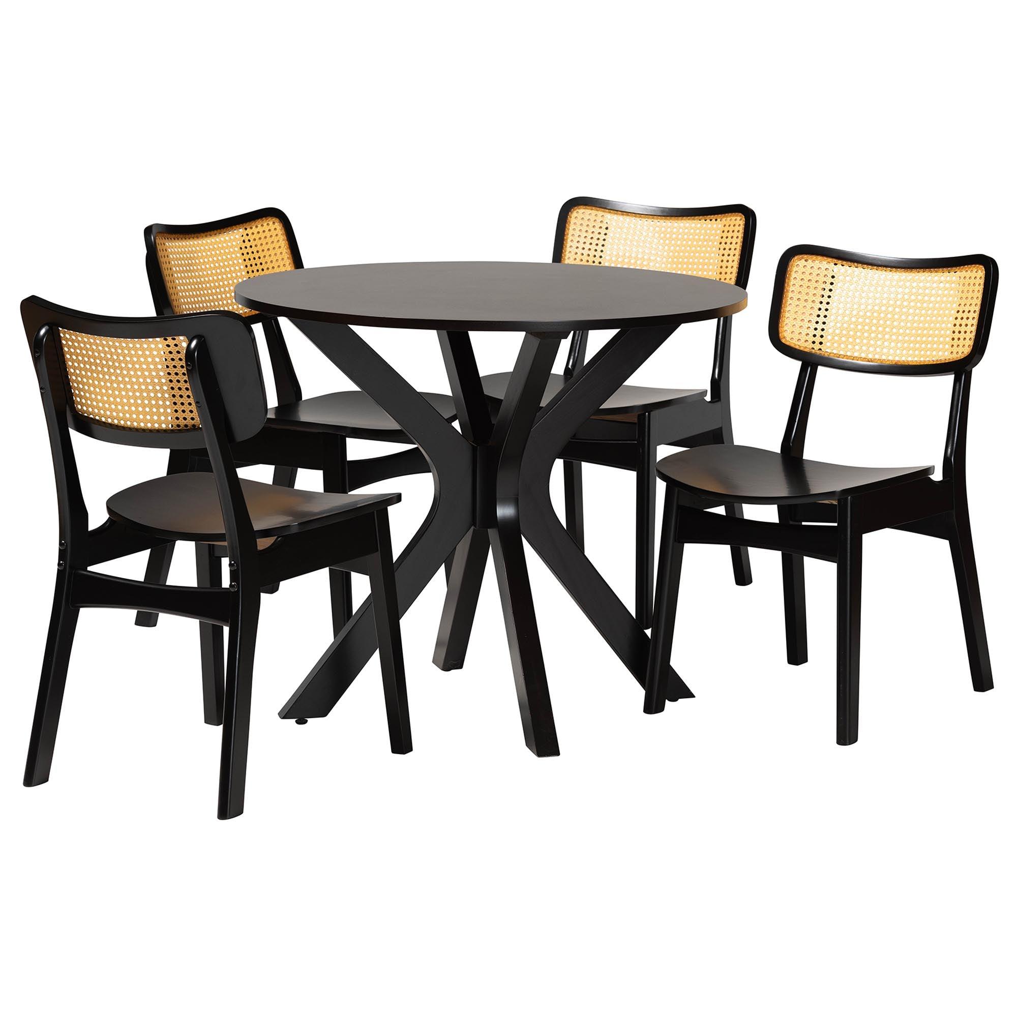 Linnet Mid-Century Modern Finished Wood and Rattan 5-Piece Dining Set
