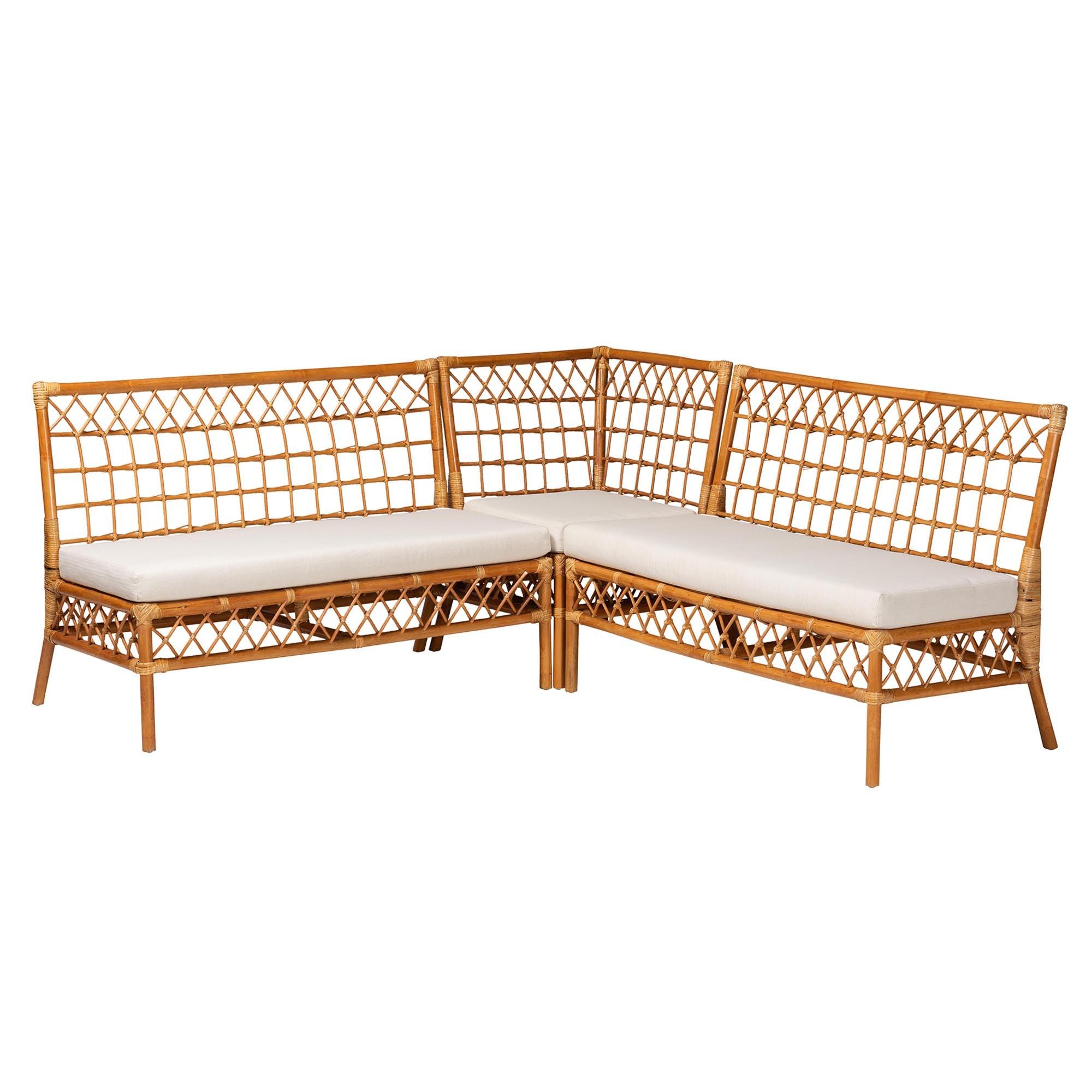 Bali & Pari Capella Modern Bohemian Honey Rattan 3-Piece Dining Nook Banquette Set