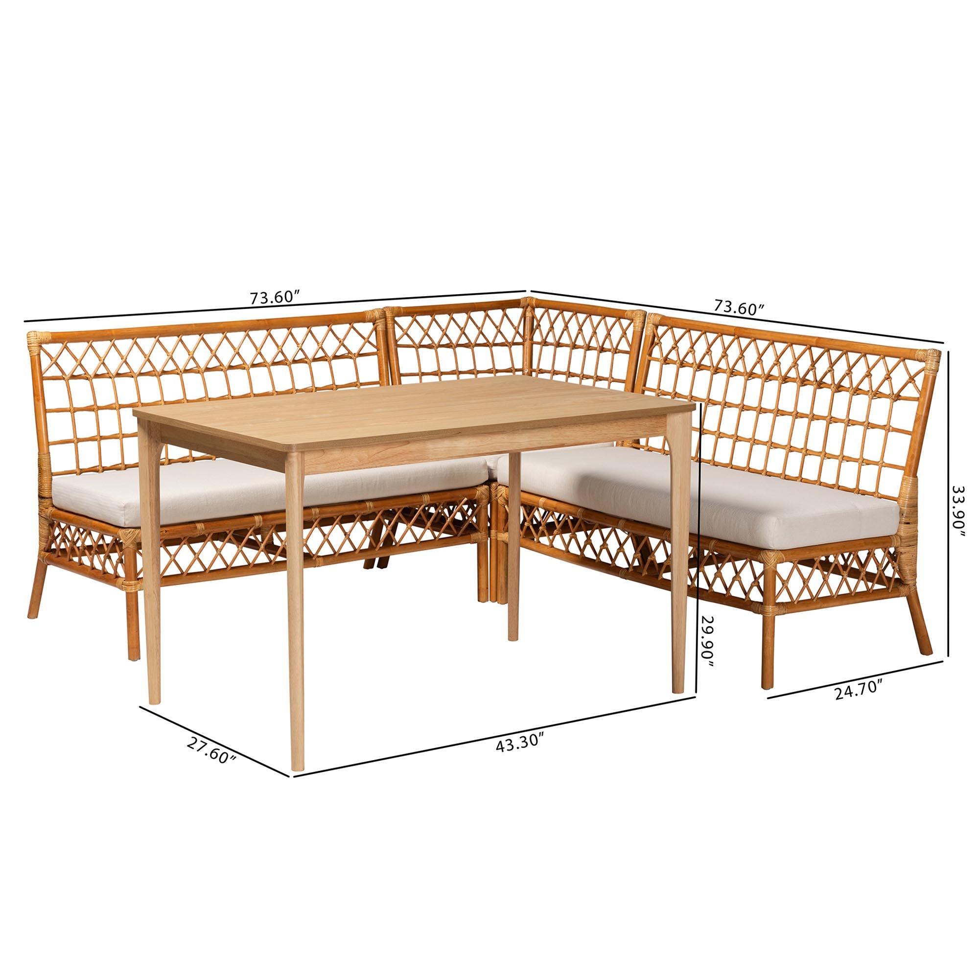 Bali & Pari Adora Modern Bohemian Honey Rattan 4-Piece Dining Nook Set