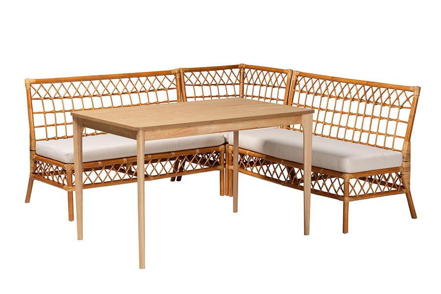 Bali & Pari Adora Modern Bohemian Honey Rattan 4-Piece Dining Nook Set