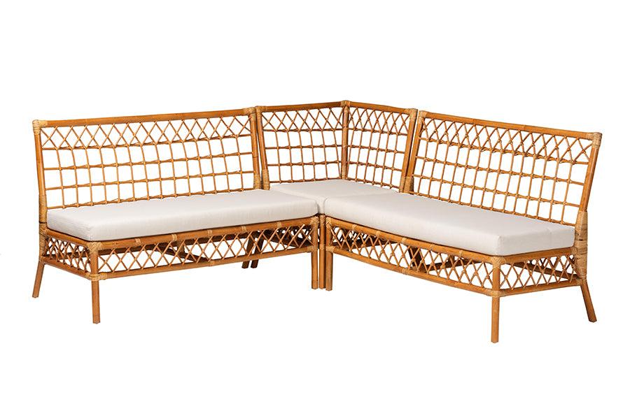 Bali & Pari Capella Modern Bohemian Honey Rattan 3-Piece Dining Nook Banquette Set