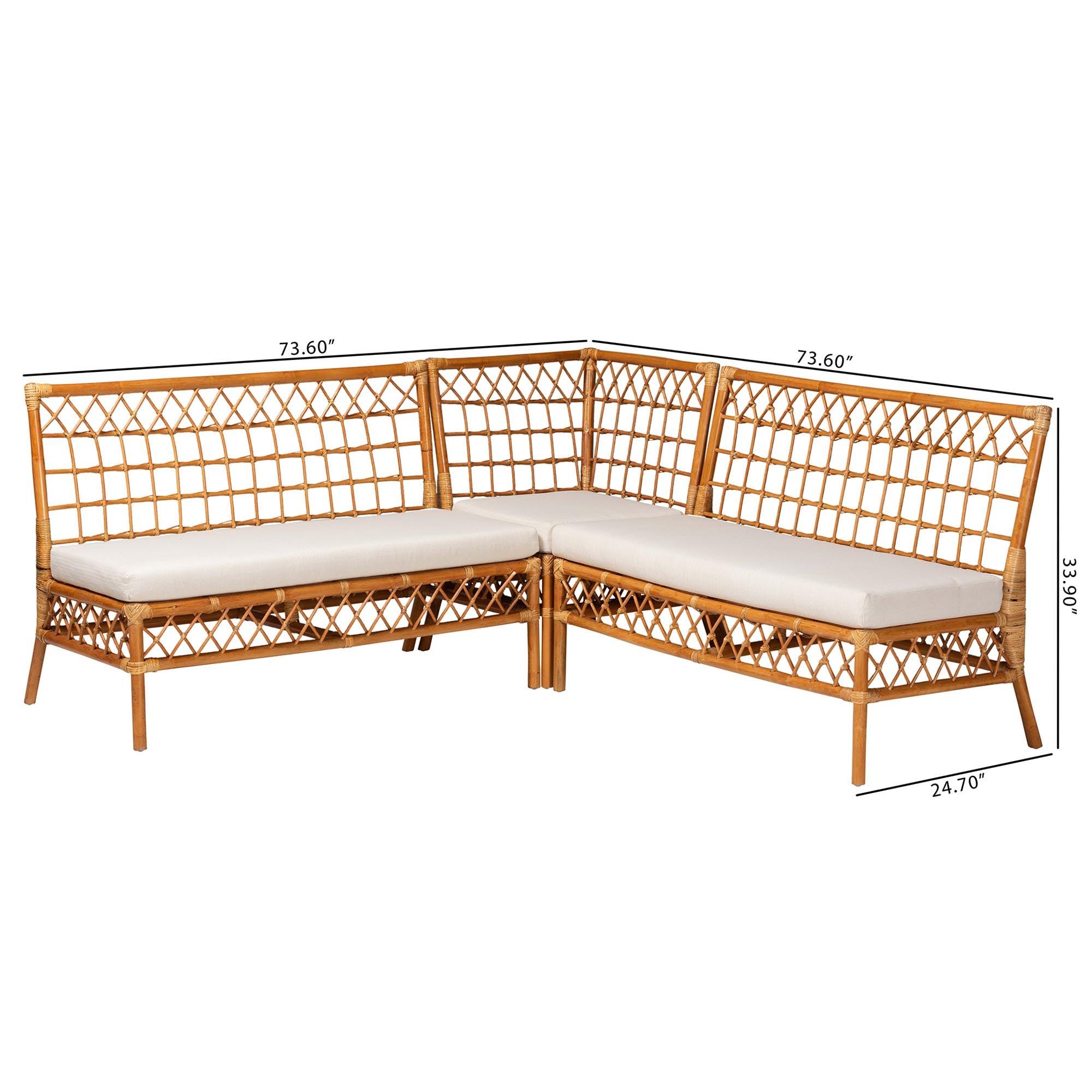 Bali & Pari Capella Modern Bohemian Honey Rattan 3-Piece Dining Nook Banquette Set