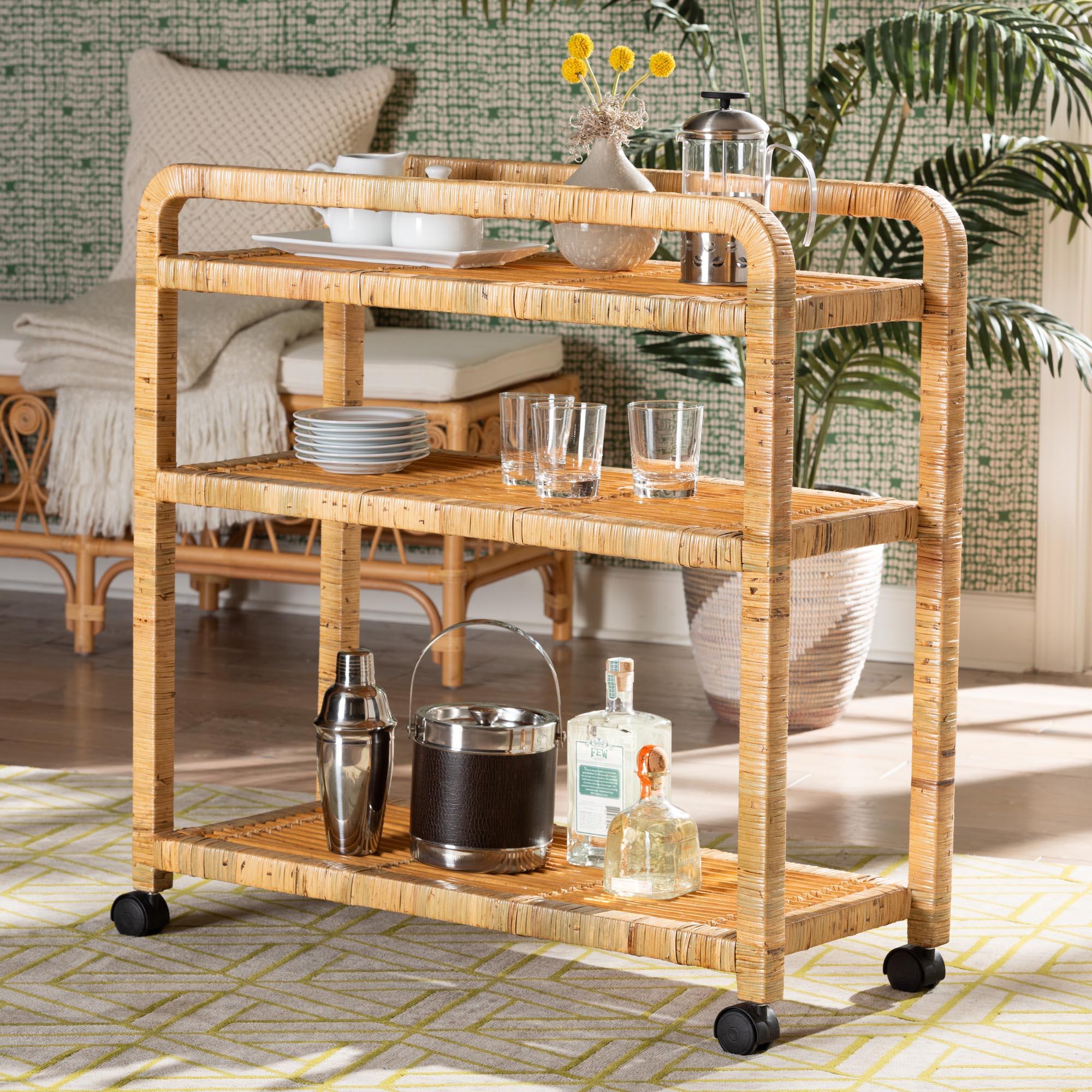 bali & pari Delphine Modern Bohemian Rattan Kitchen Cart