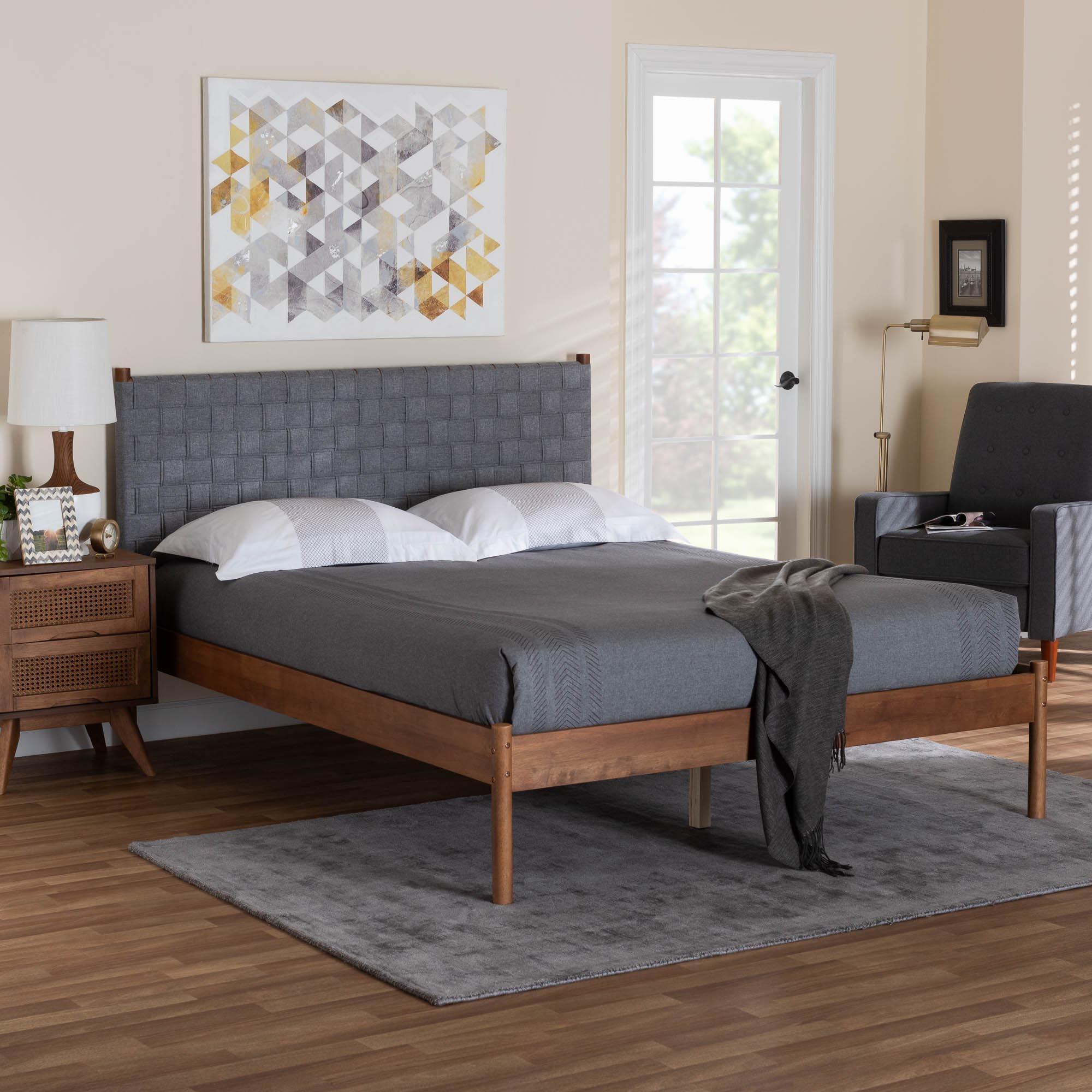 Estela Mid-Century Modern Woven Fabric and Wood Platform Bed