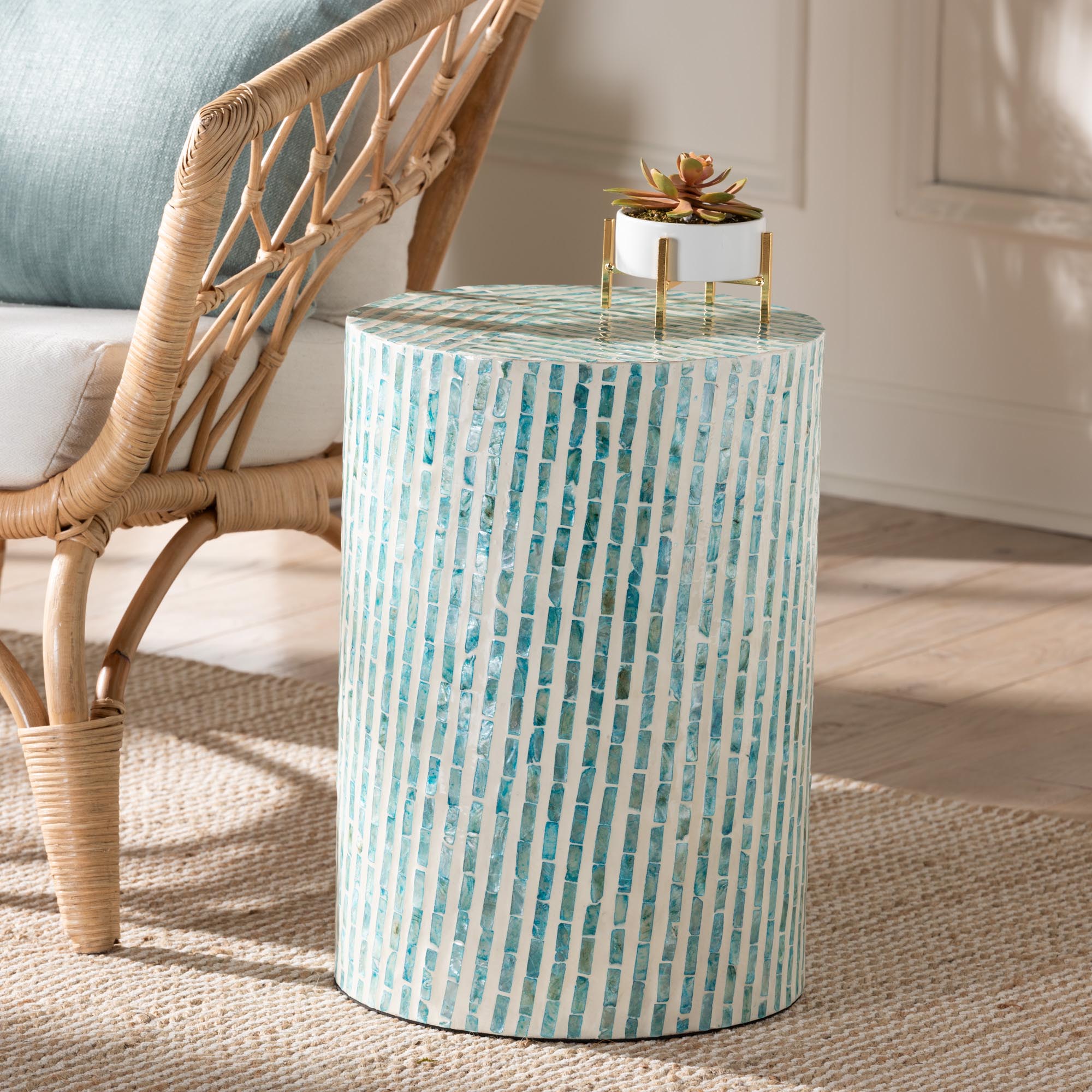 Draven Modern Bohemian and Mother of Pearl End Table