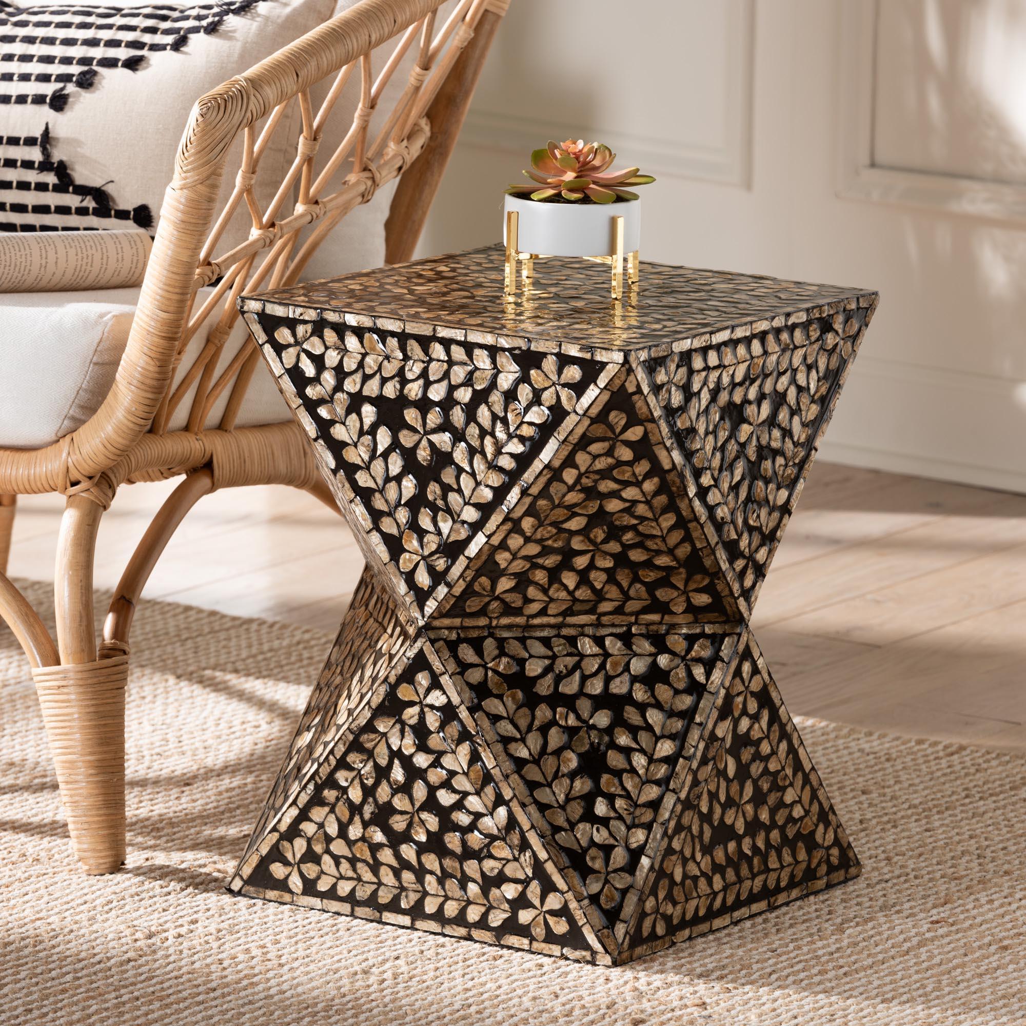 Feronia Modern Bohemian and Bronze Mother of Pearl End Table