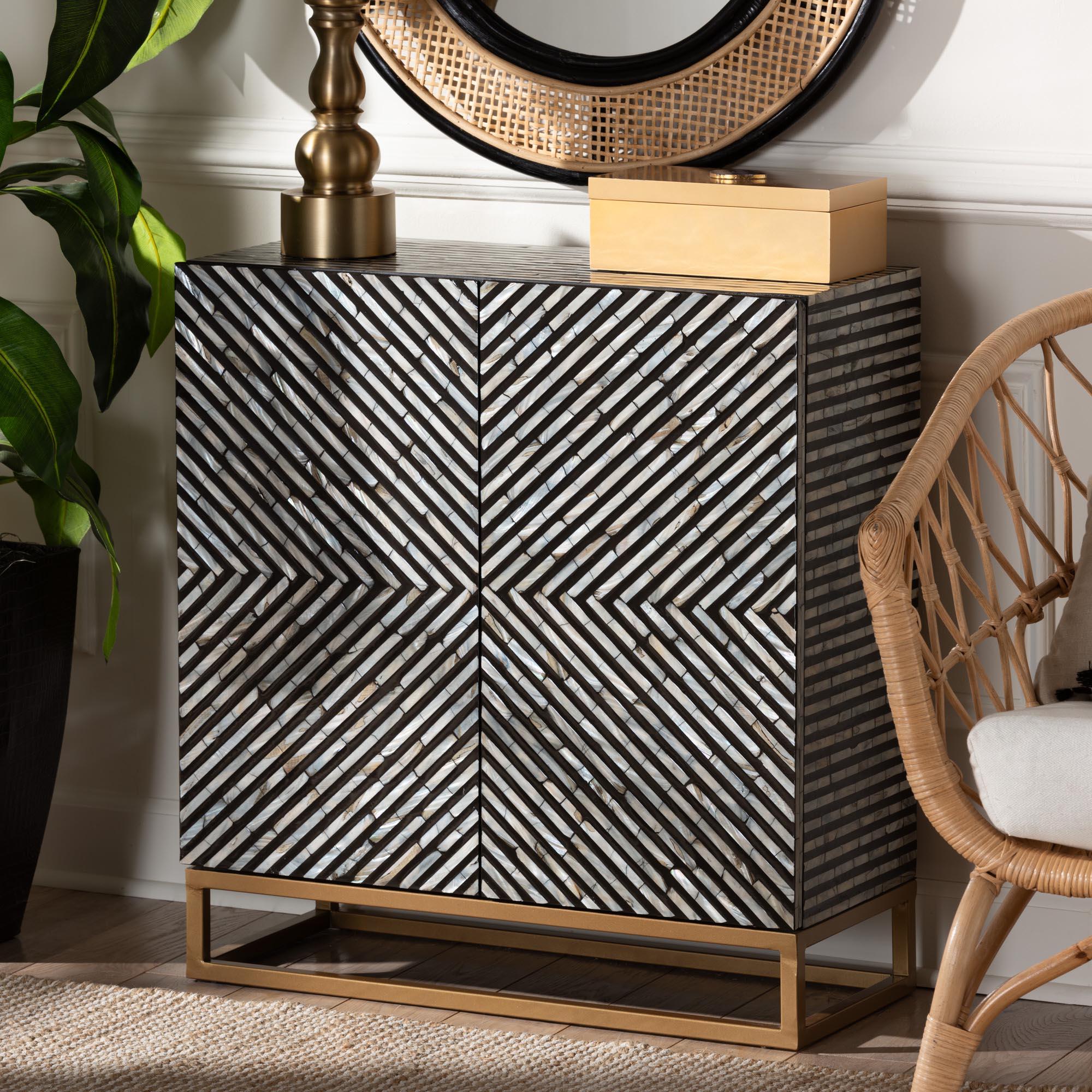 Belenus Modern Bohemian Two-Tone and Mother of Pearl and Metal Storage Cabinet