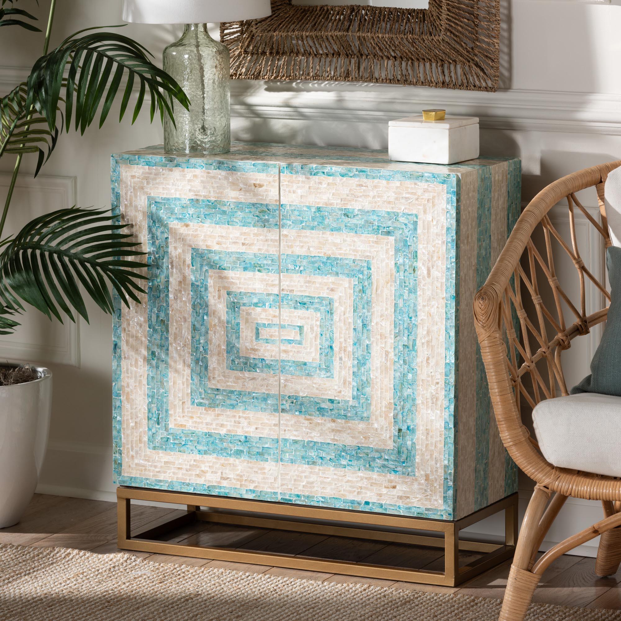 Utari Modern Bohemian Two-Tone and Mother of Pearl and Metal Storage Cabinet