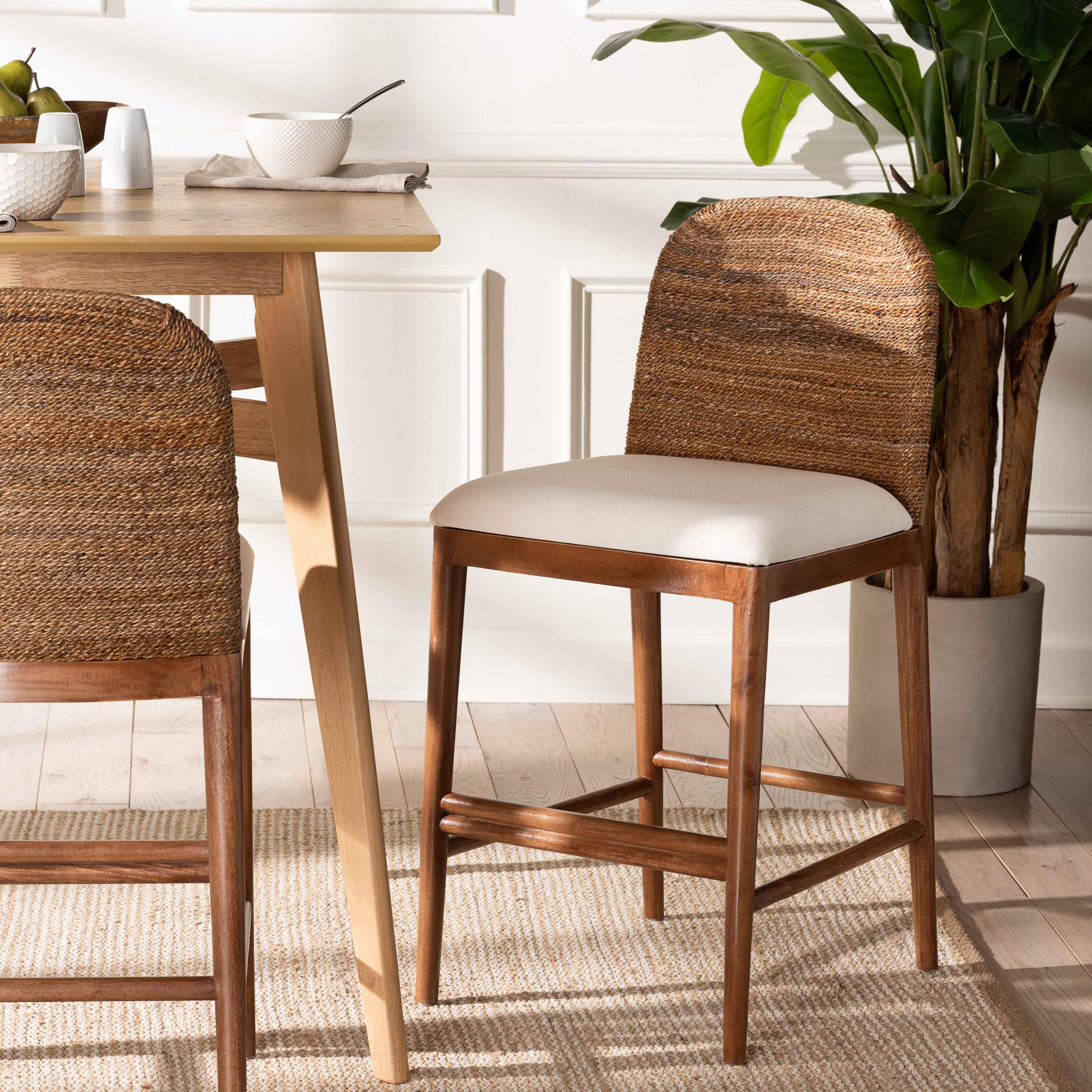 bali & pari Nadim Modern Bohemian Seagrass and Acacia Wood Counter Stool