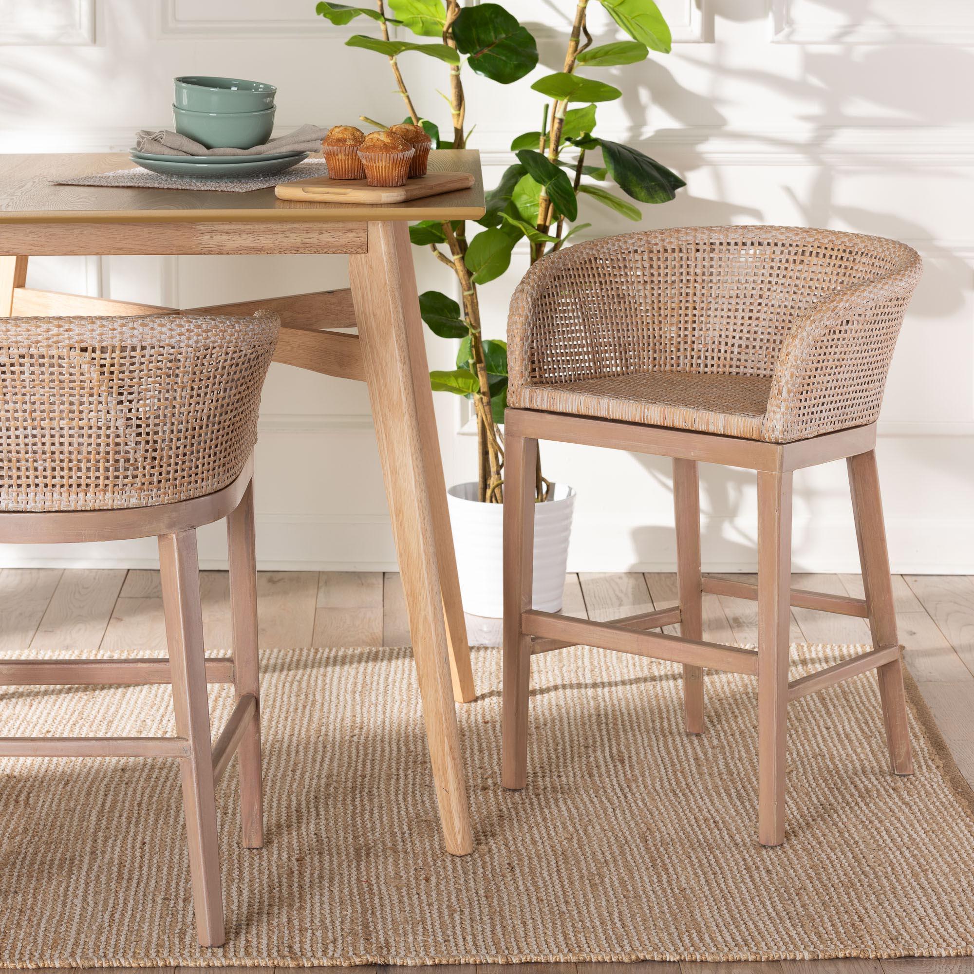 bali & pari Papua Modern Bohemian Antique Washed Rattan and Mahogany Wood Counter Stool