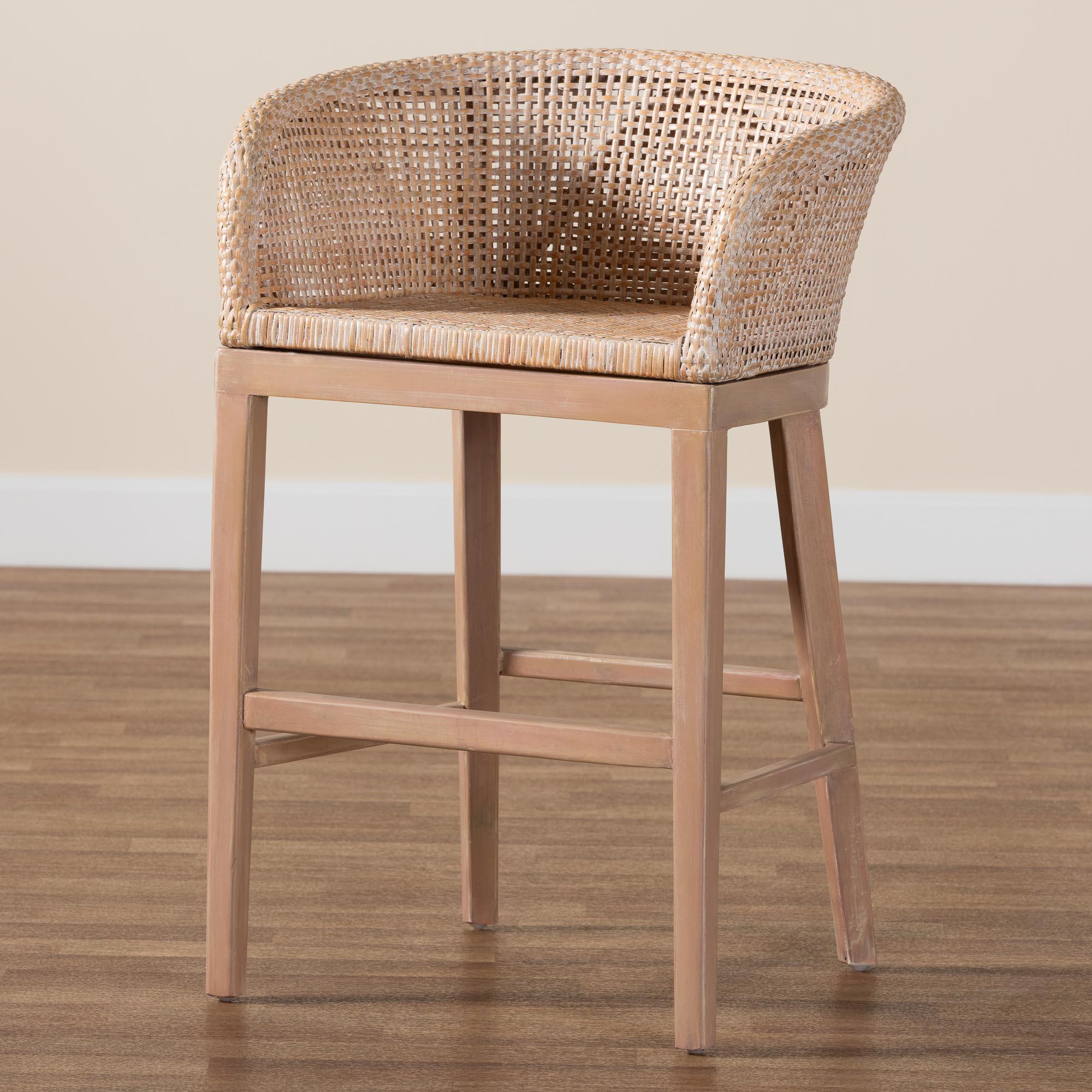 bali & pari Papua Modern Bohemian Antique Washed Rattan and Mahogany Wood Counter Stool