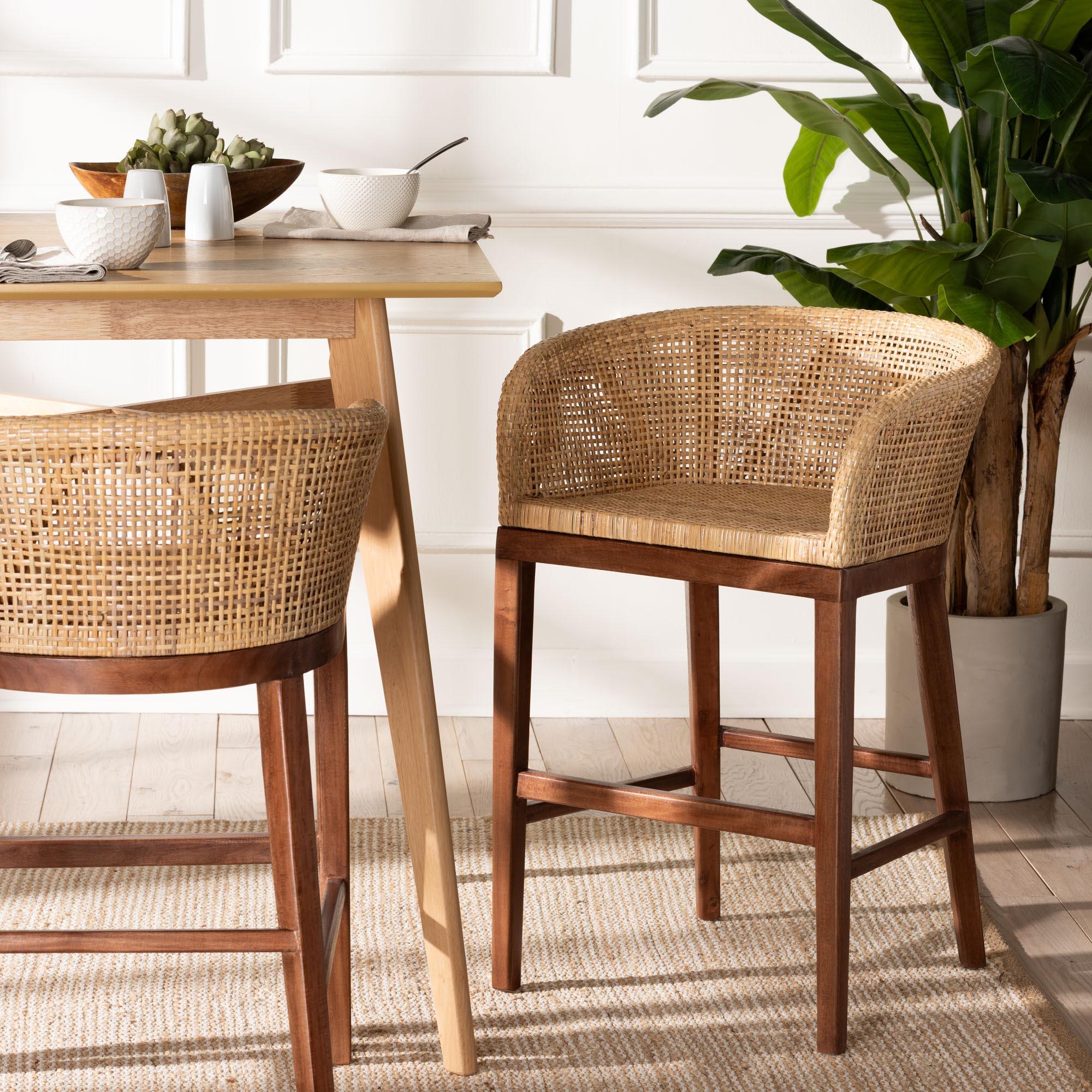 bali & pari Papua Modern Bohemian Rattan and Acacia Wood Counter Stool