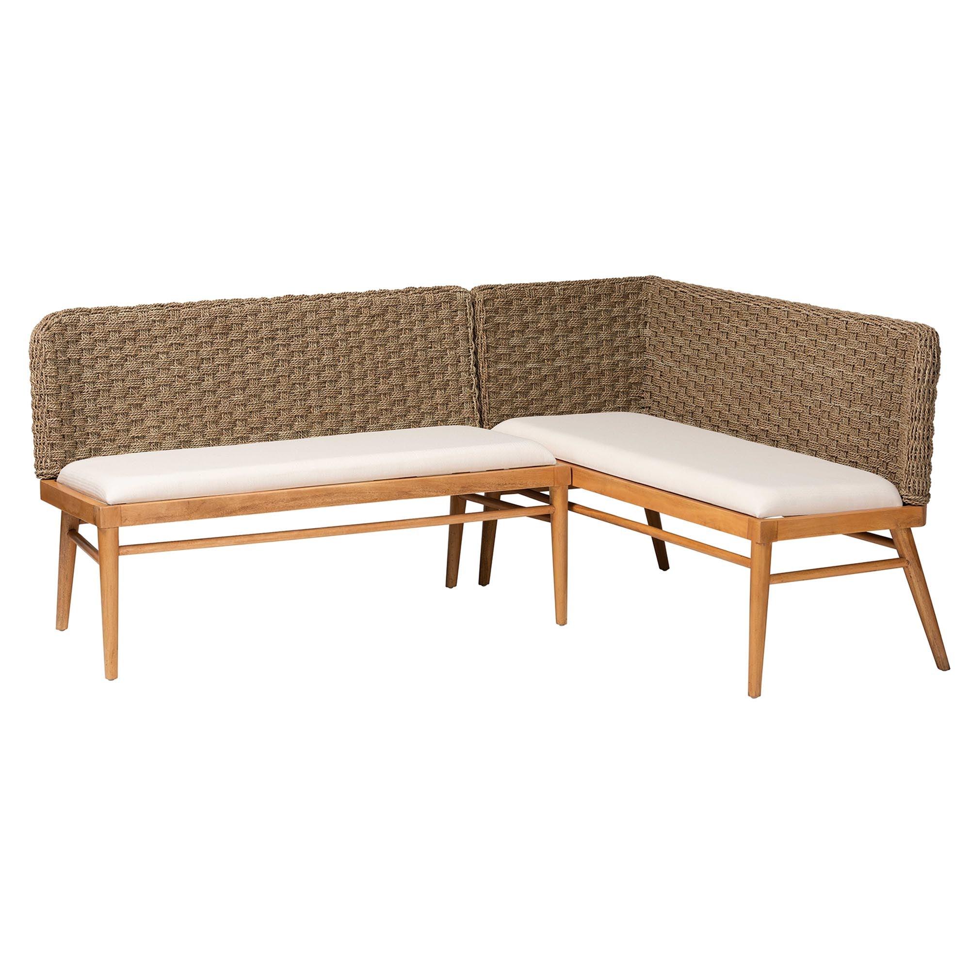Bali & Pari Denver Modern Bohemian Seagrass and Acacia Wood 2-Piece Dining Nook Banquette Set