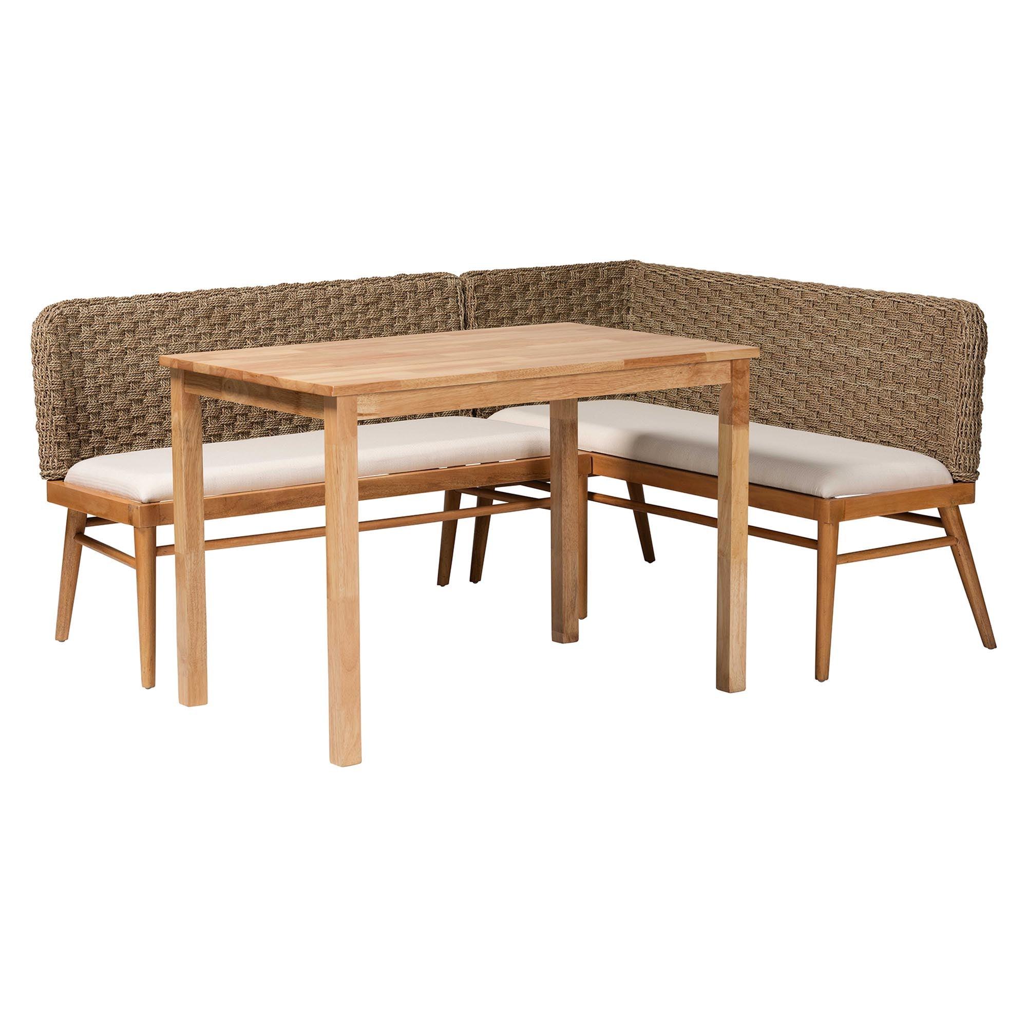 Bali & Pari Denver Modern Bohemian Seagrass and Acacia Wood 3-Piece Dining Nook Set
