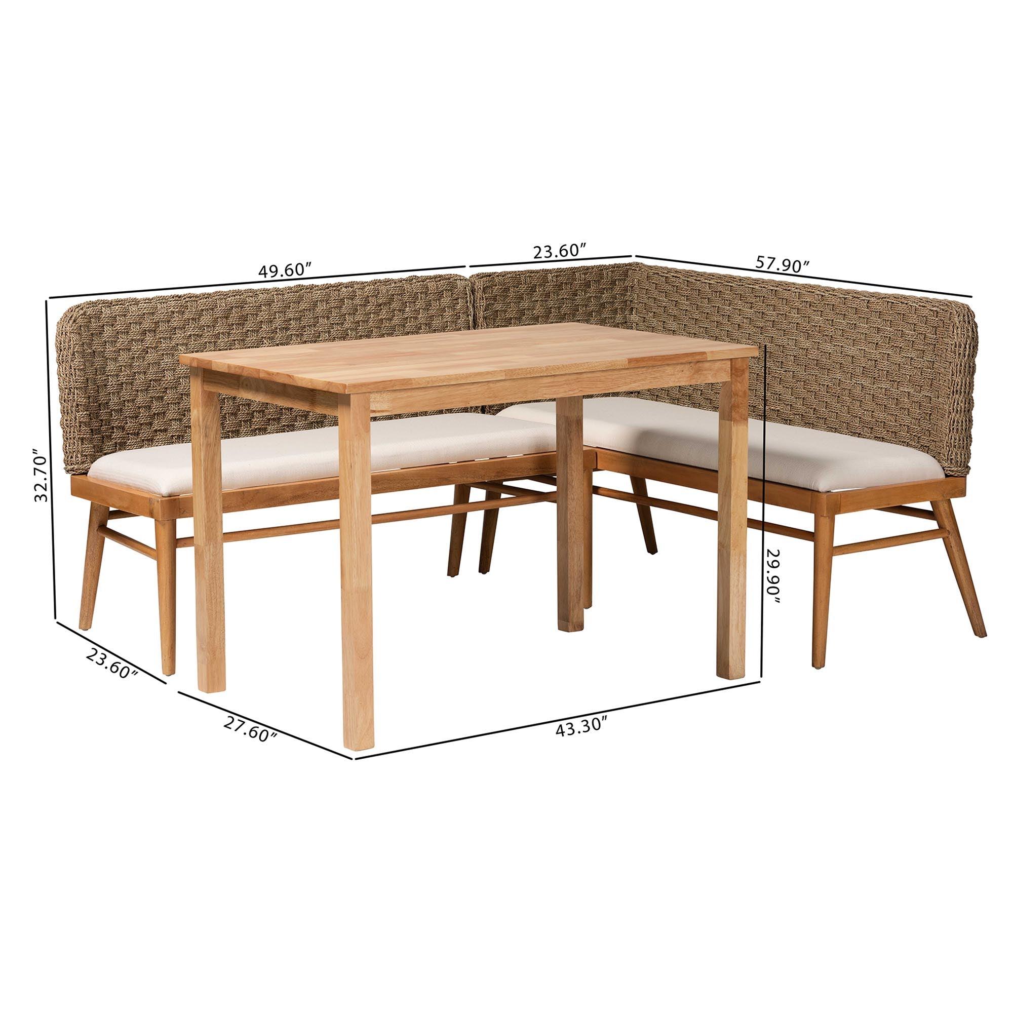 Bali & Pari Denver Modern Bohemian Seagrass and Acacia Wood 3-Piece Dining Nook Set