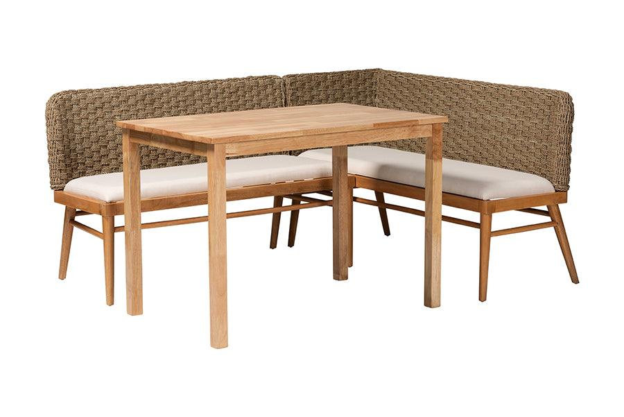 Bali & Pari Denver Modern Bohemian Seagrass and Acacia Wood 3-Piece Dining Nook Set