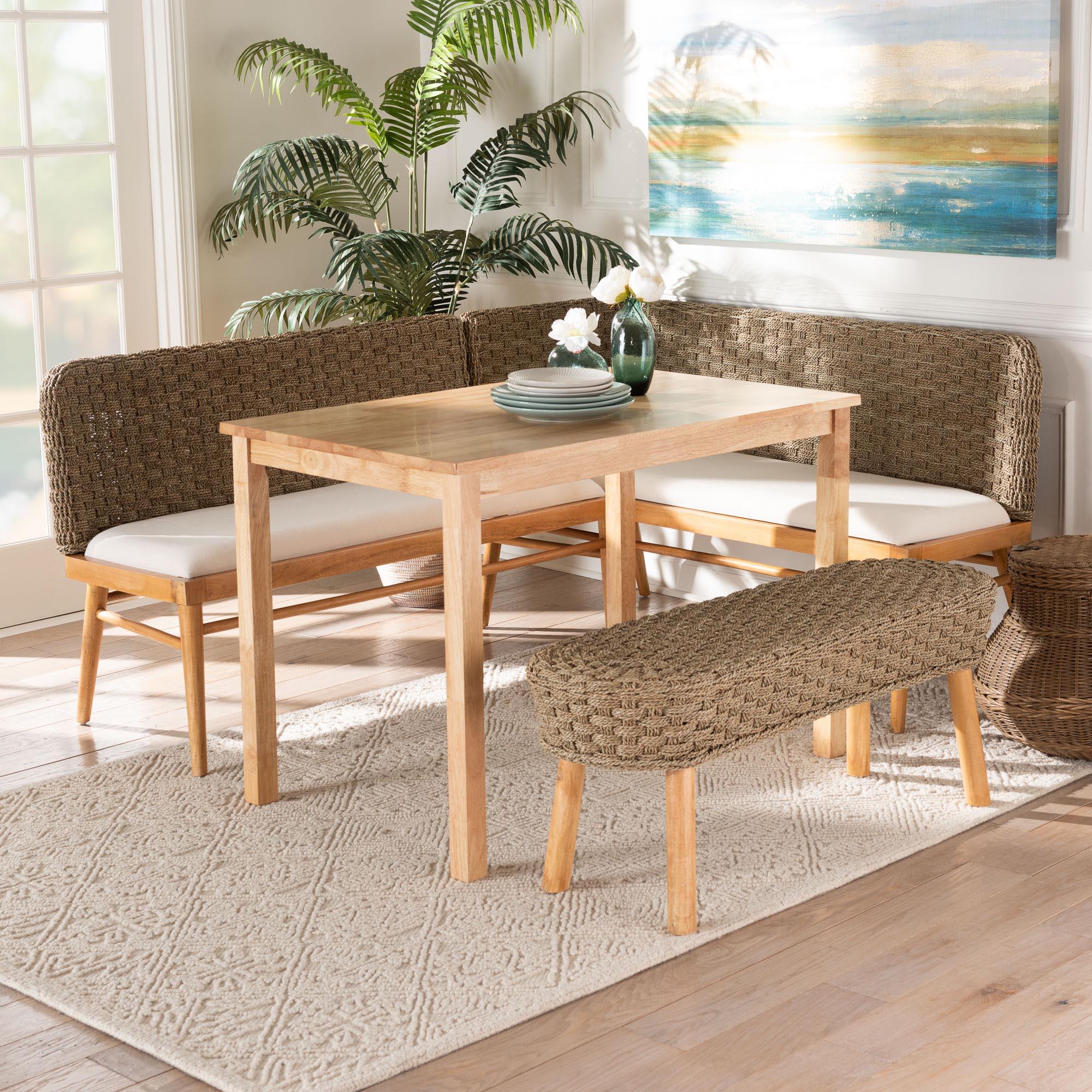 bali & pari Denver Modern Bohemian Seagrass and Acacia Wood 4-Piece Dining Nook Set