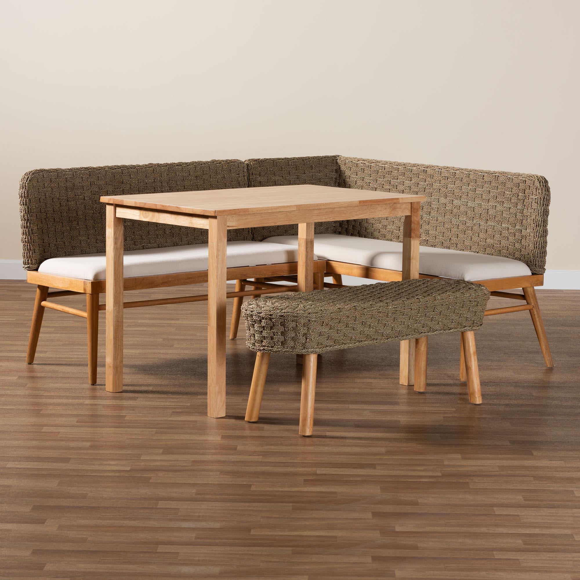 bali & pari Denver Modern Bohemian Seagrass and Acacia Wood 4-Piece Dining Nook Set