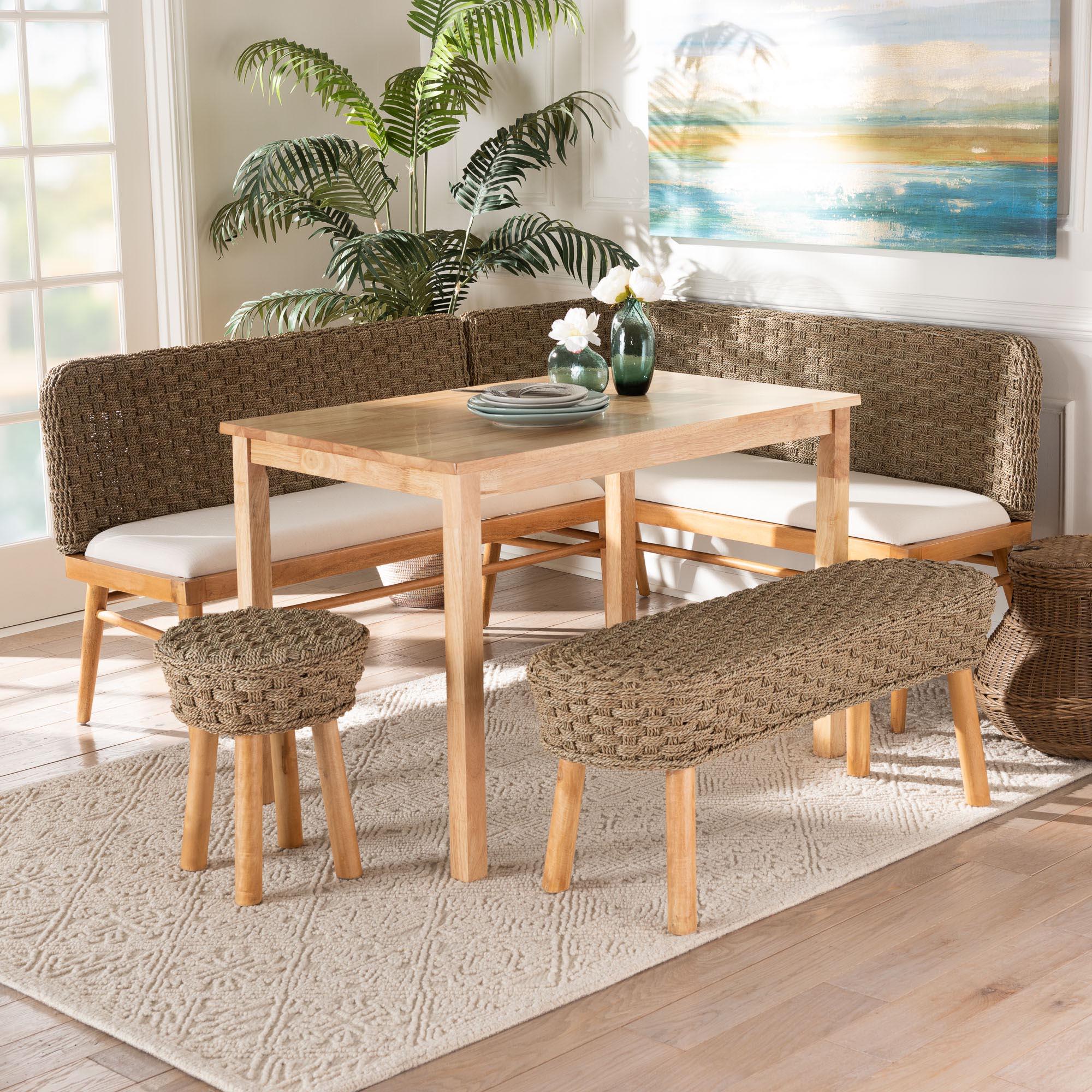 bali & pari Denver Modern Bohemian Seagrass and Acacia Wood 5-Piece Dining Nook Set