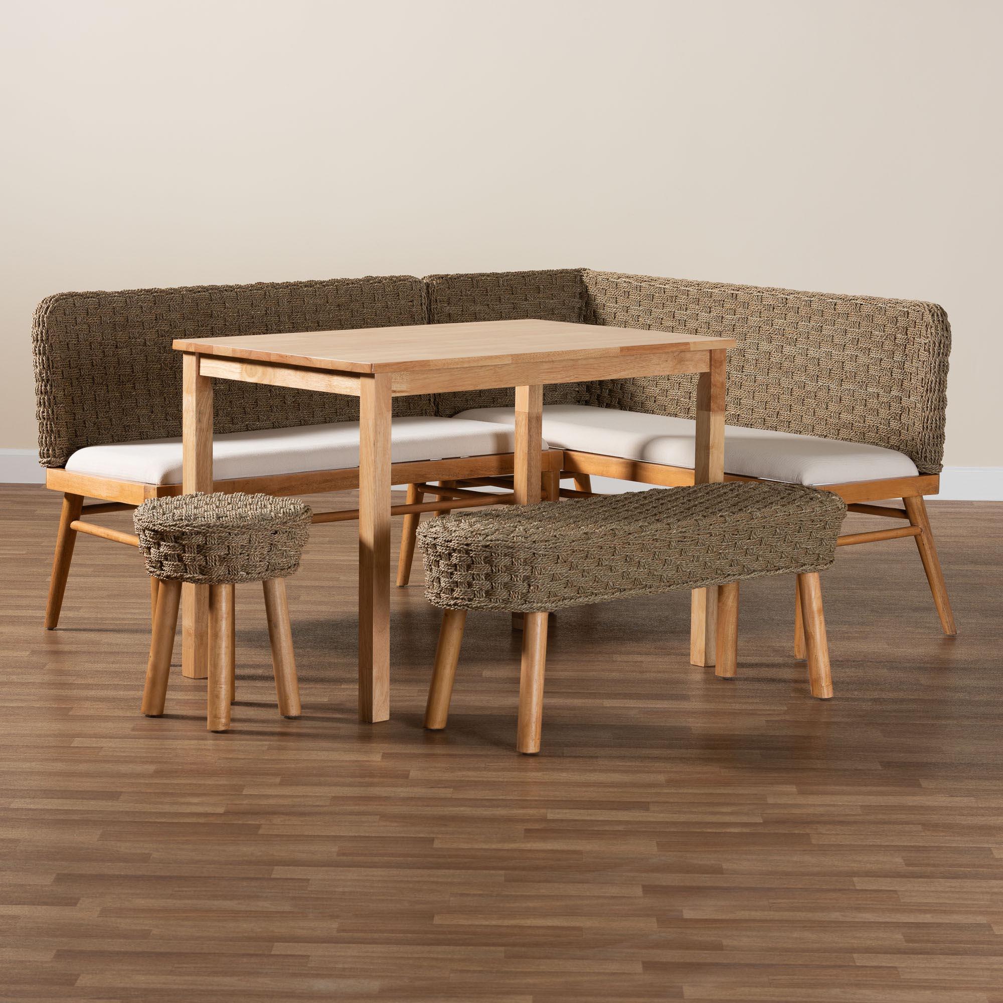 bali & pari Denver Modern Bohemian Seagrass and Acacia Wood 5-Piece Dining Nook Set
