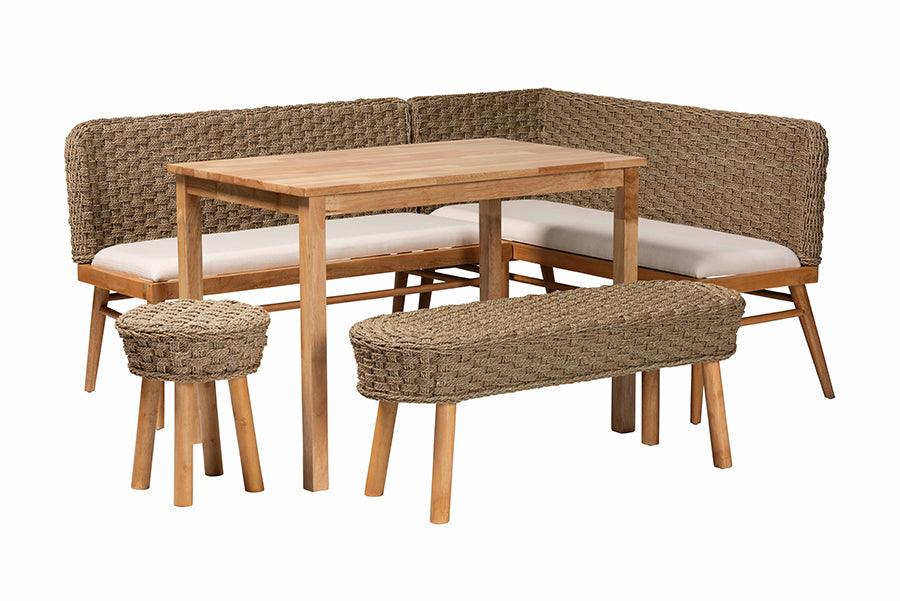 Bali & Pari Denver Modern Bohemian Seagrass and Acacia Wood 5-Piece Dining Nook Set