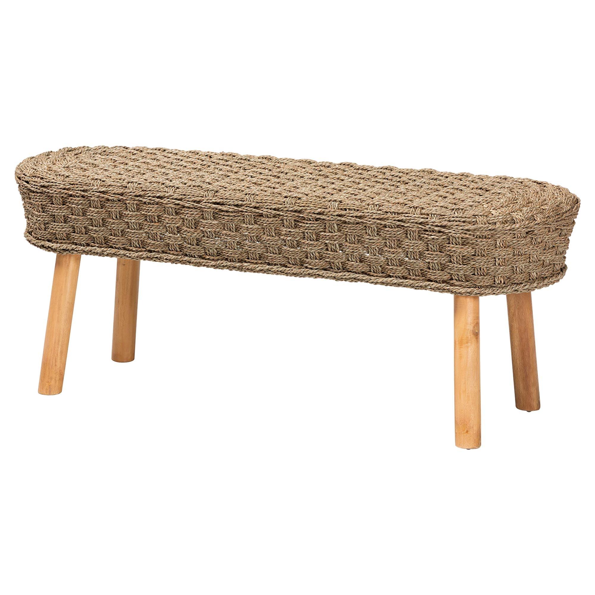 Bali & Pari Denver Modern Bohemian Seagrass and Acacia Wood 5-Piece Dining Nook Set