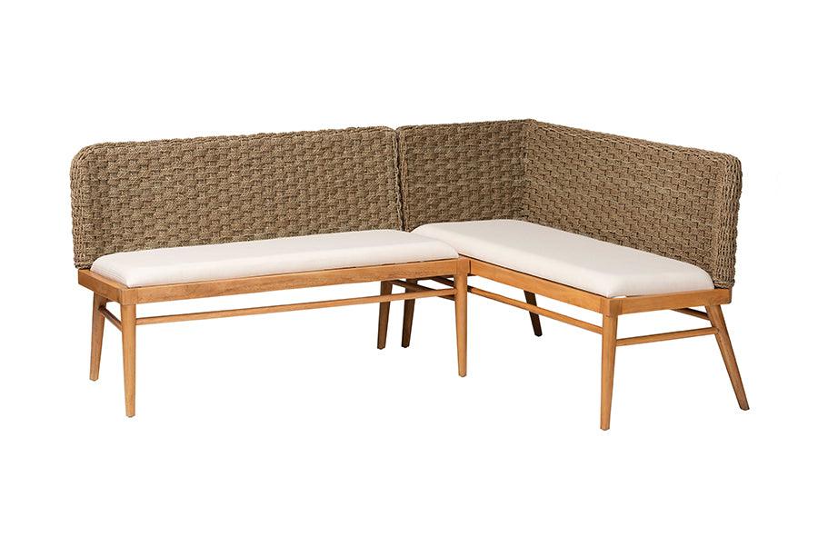 Bali & Pari Denver Modern Bohemian Seagrass and Acacia Wood 2-Piece Dining Nook Banquette Set