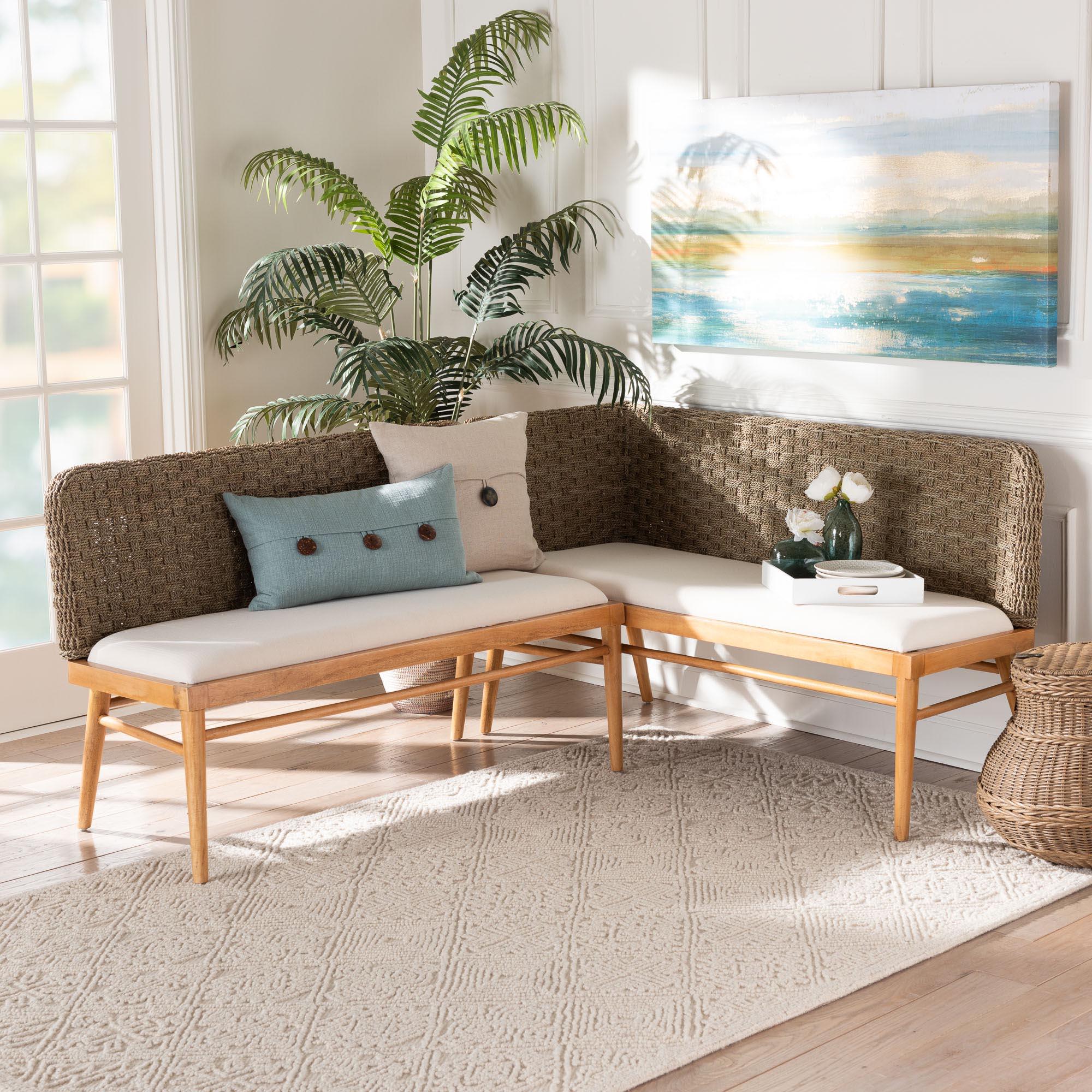 bali & pari Denver Modern Bohemian Seagrass and Acacia Wood 2-Piece Dining Nook Banquette Set