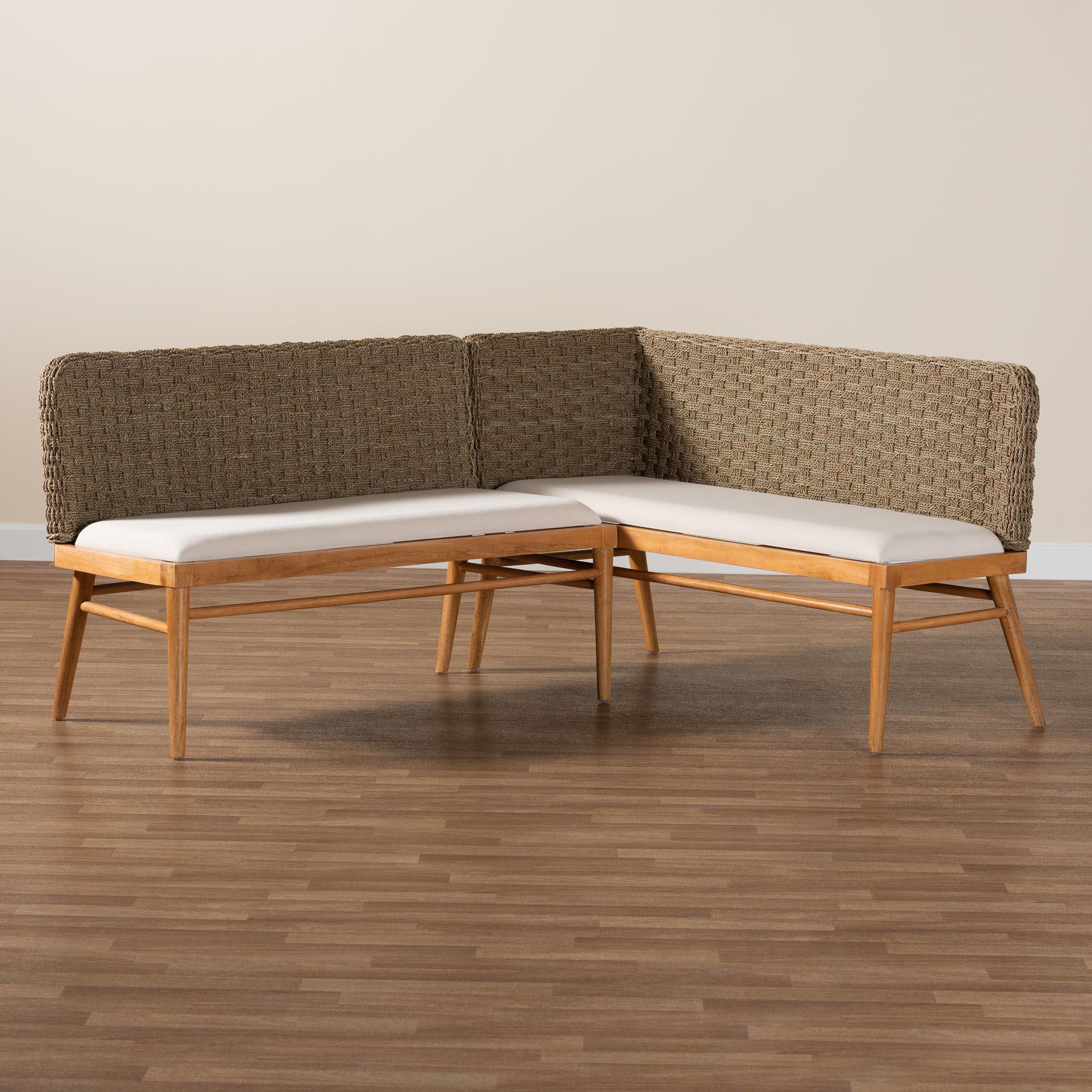 bali & pari Denver Modern Bohemian Seagrass and Acacia Wood 2-Piece Dining Nook Banquette Set