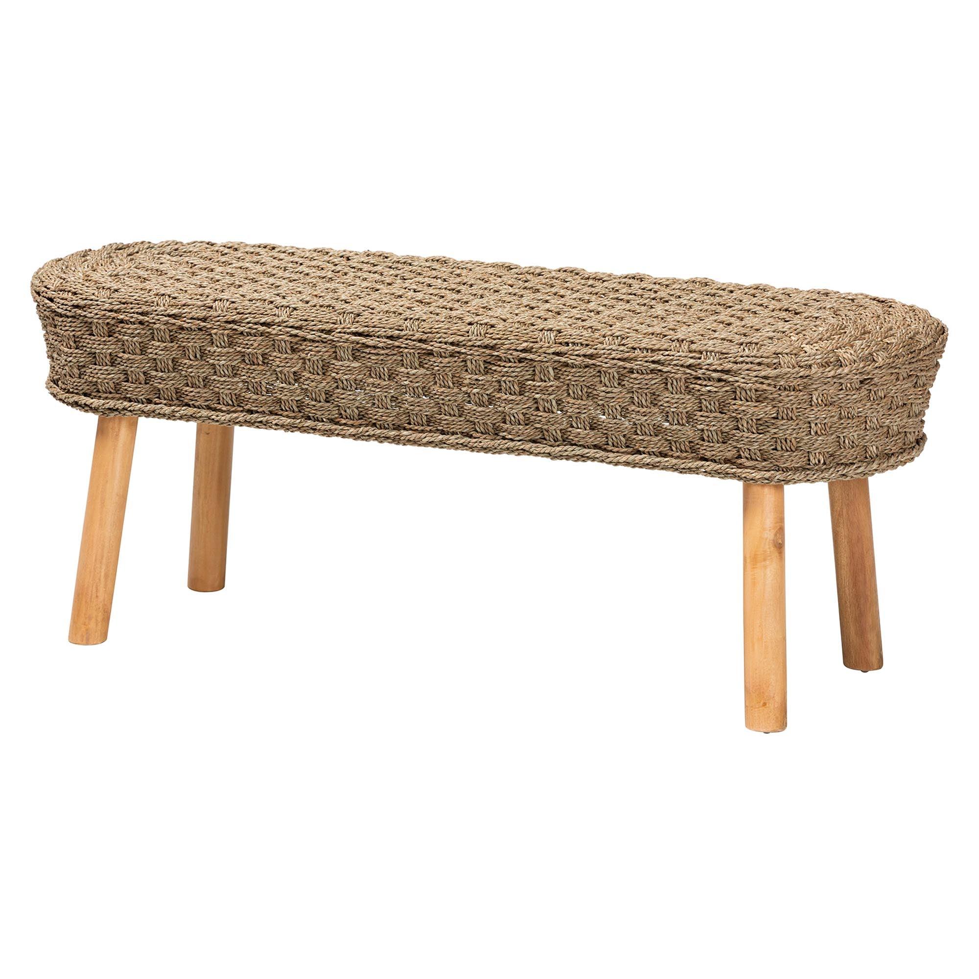 Bali & Pari Denver Modern Bohemian Seagrass and Acacia Wood Accent Bench