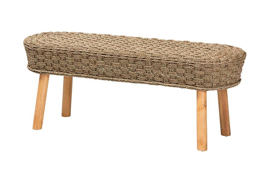 Bali & Pari Denver Modern Bohemian Seagrass and Acacia Wood Accent Bench