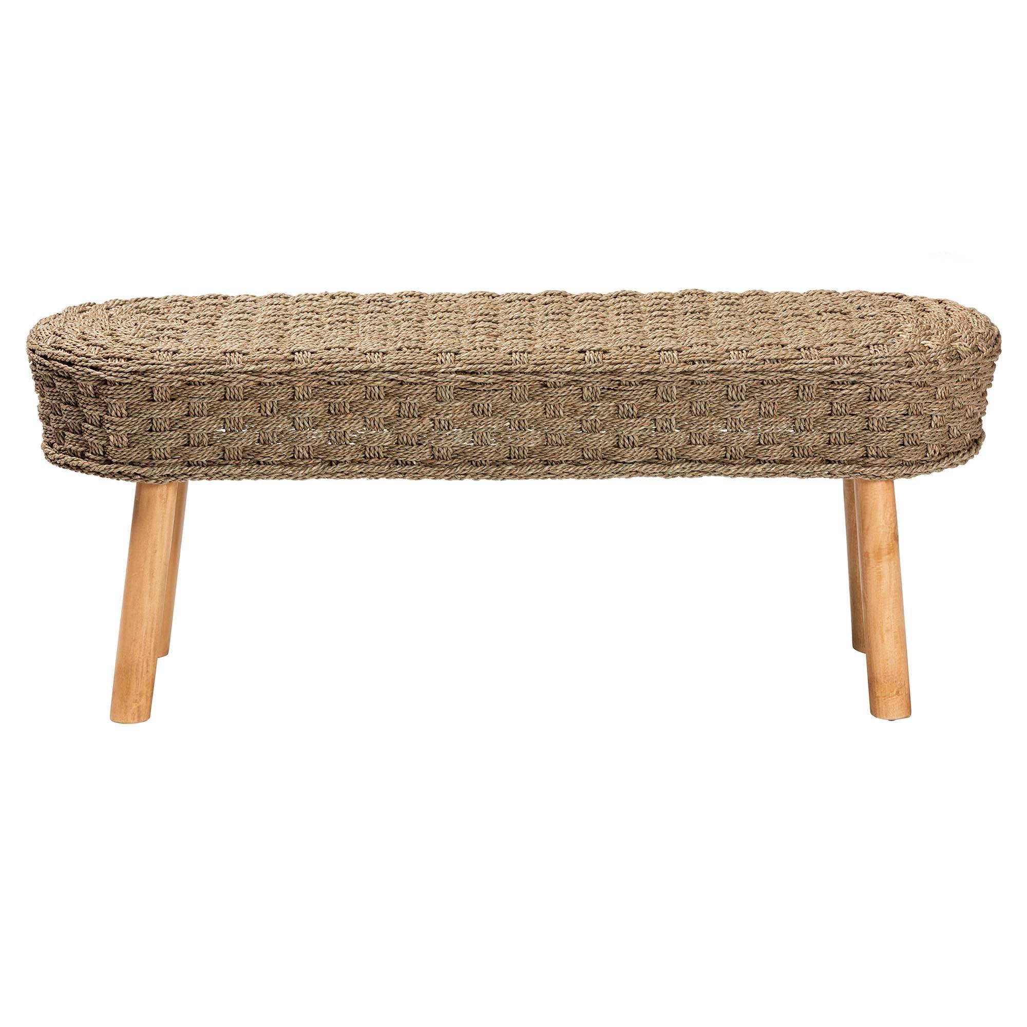 Bali & Pari Denver Modern Bohemian Seagrass and Acacia Wood Accent Bench