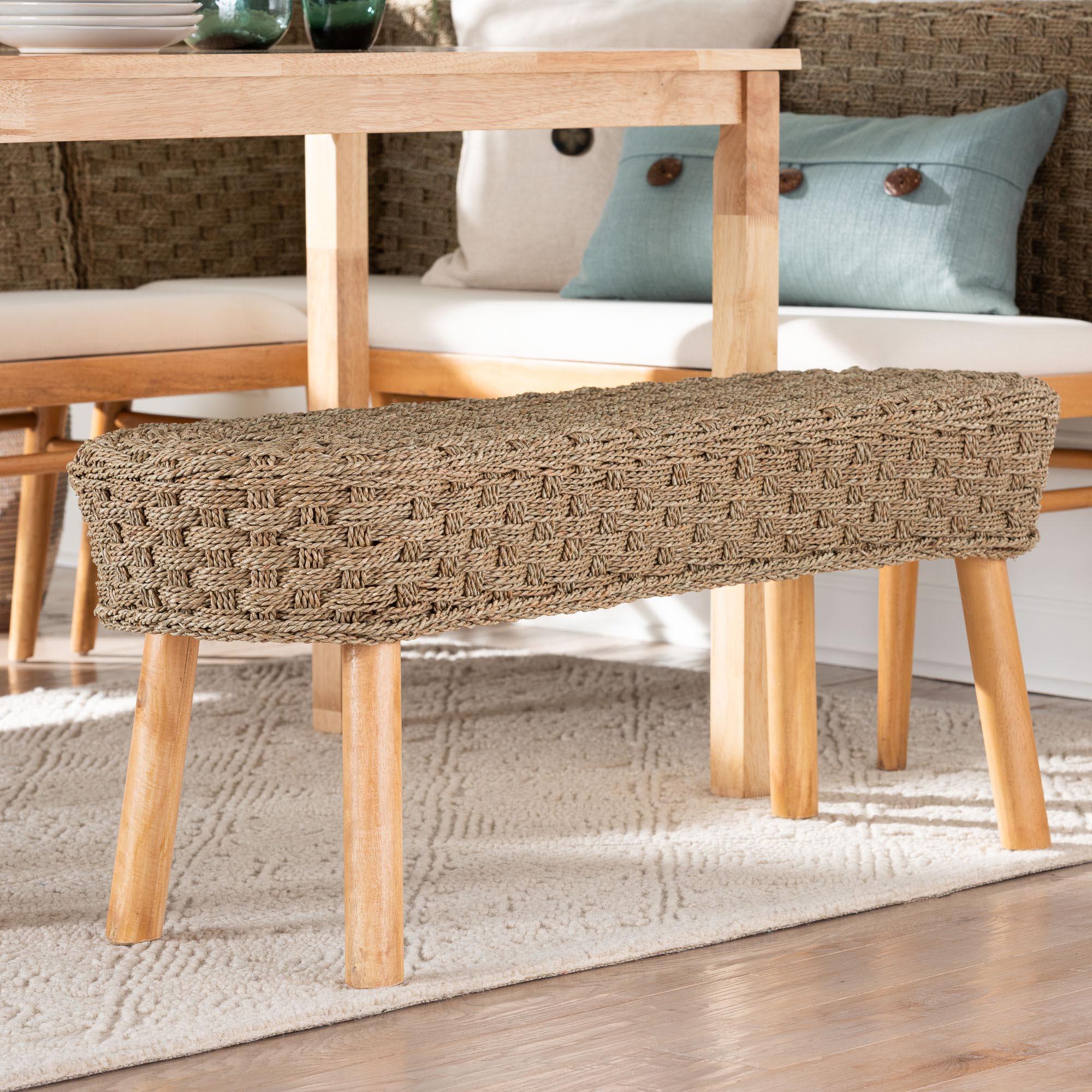 bali & pari Denver Modern Bohemian Seagrass and Acacia Wood Accent Bench